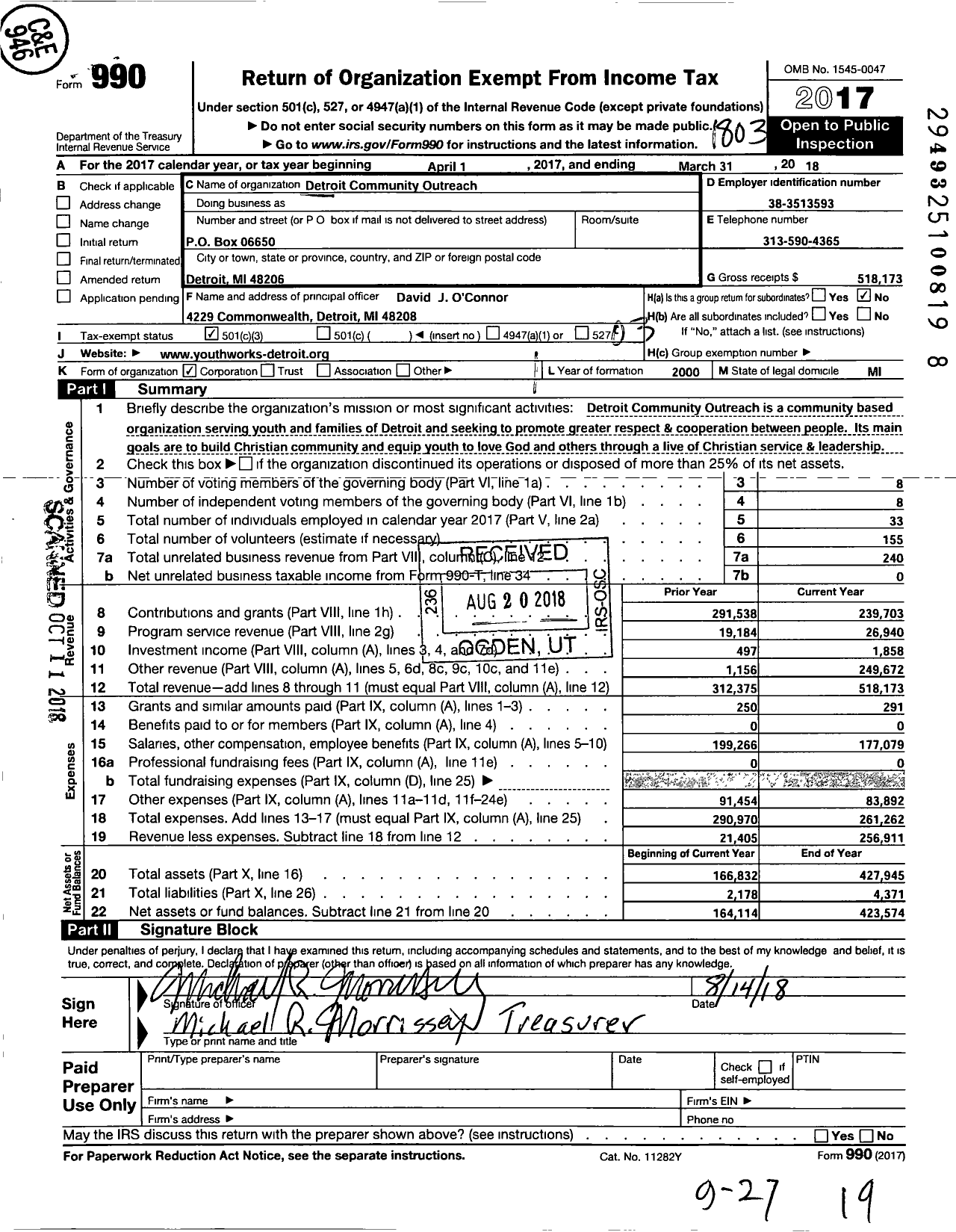 Image of first page of 2017 Form 990 for YouthWorks-Detroit