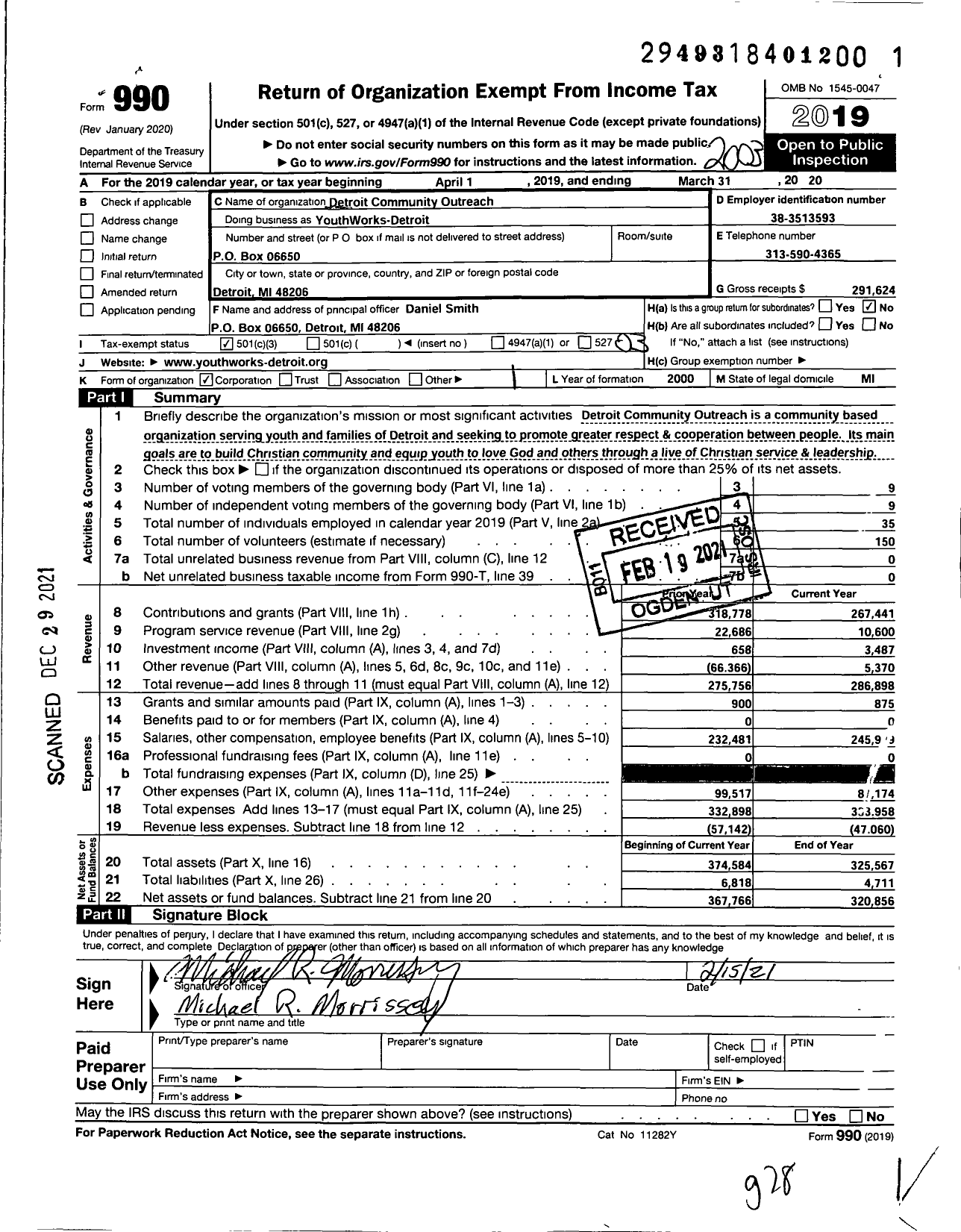 Image of first page of 2019 Form 990 for YouthWorks-Detroit
