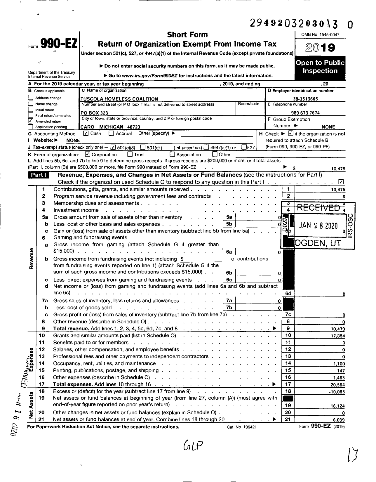 Image of first page of 2019 Form 990EZ for Tuscola Homeless Coalition