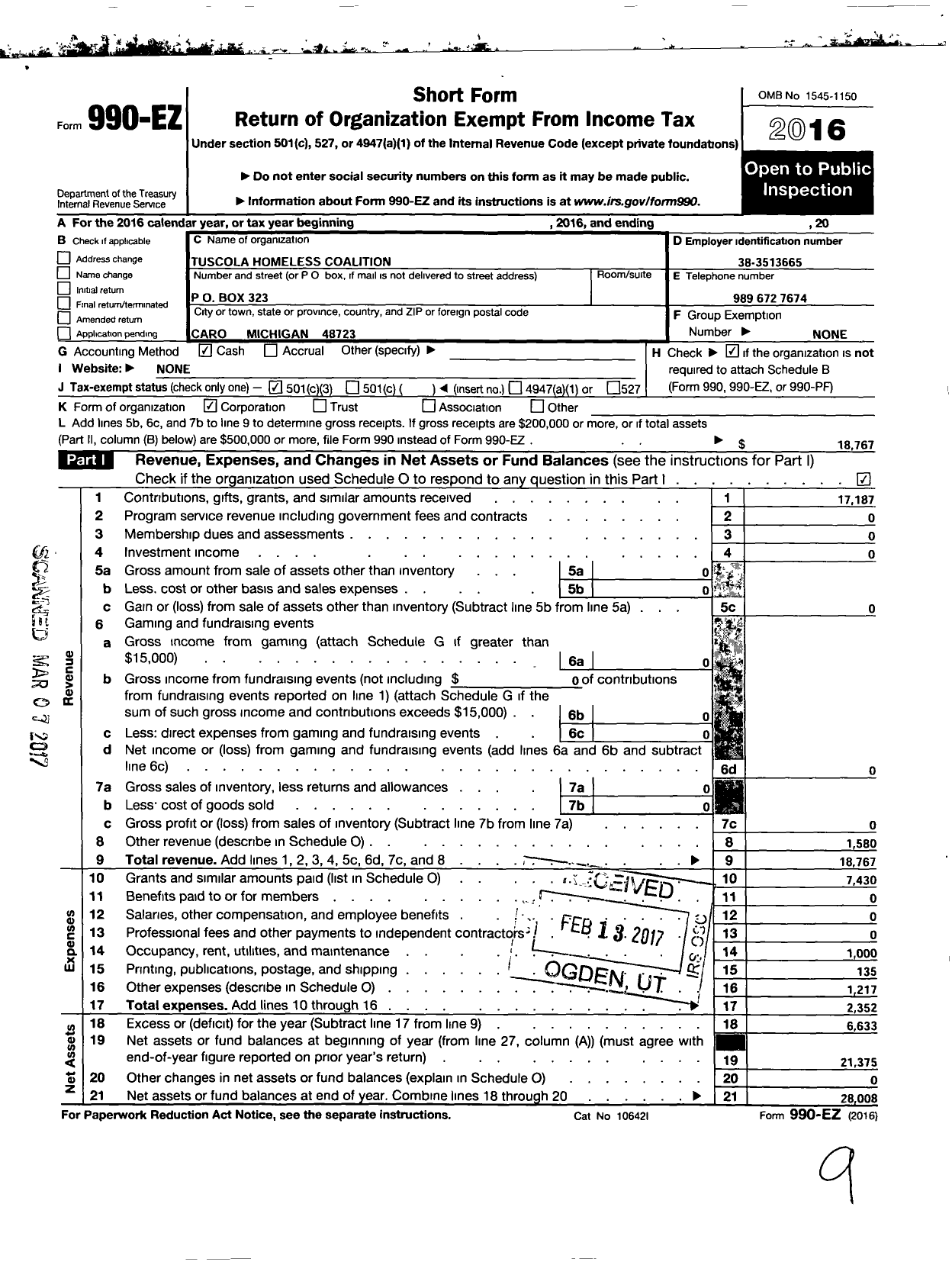 Image of first page of 2016 Form 990EZ for Tuscola Homeless Coalition