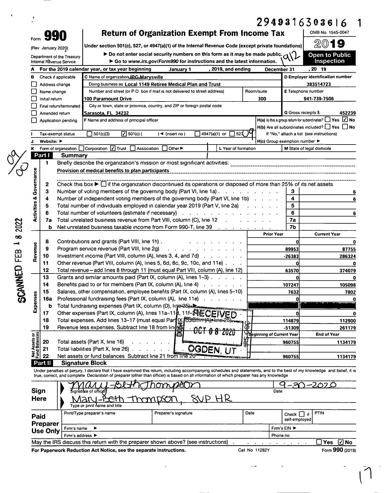 Image of first page of 2019 Form 990O for Local 1149 Retiree Medical AND Trust