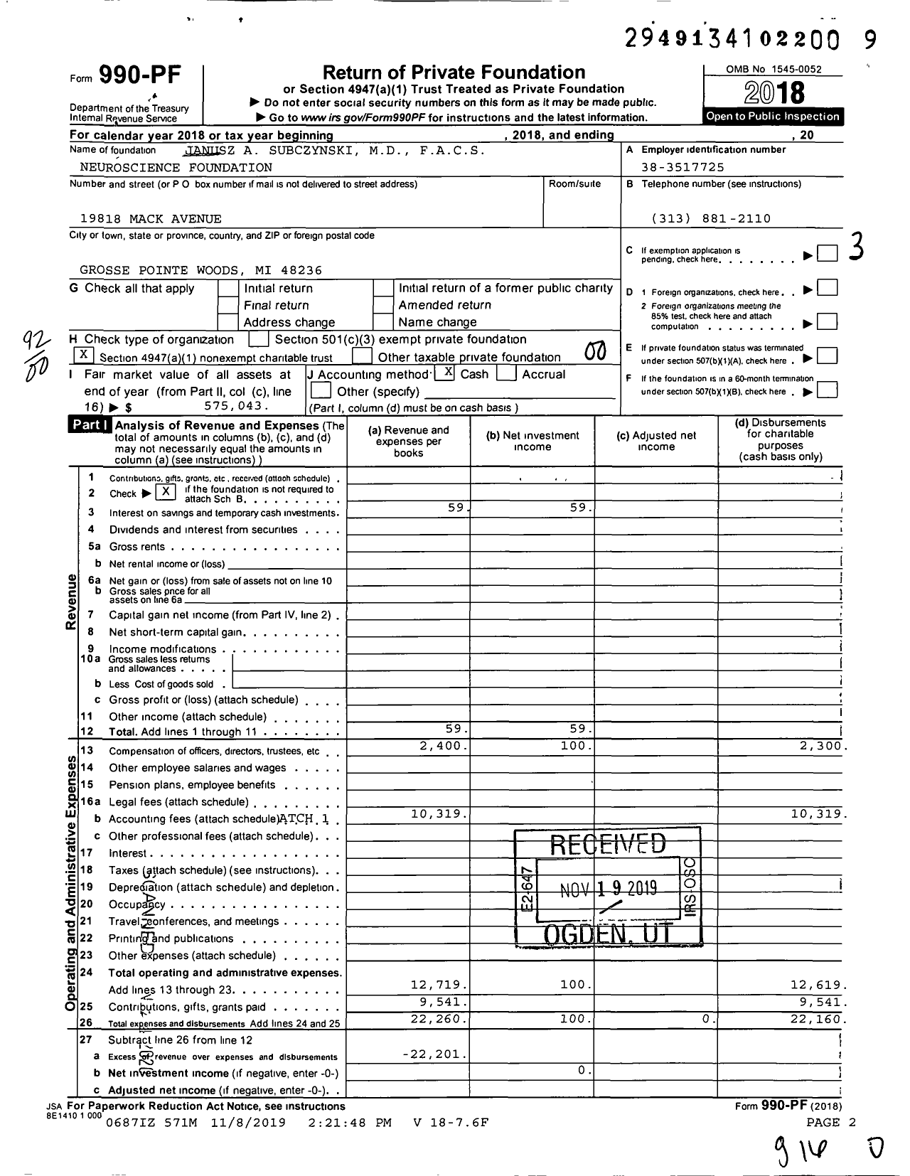 Image of first page of 2018 Form 990PF for Janusz A Subczynski MD Facs Neuroscience Foundation