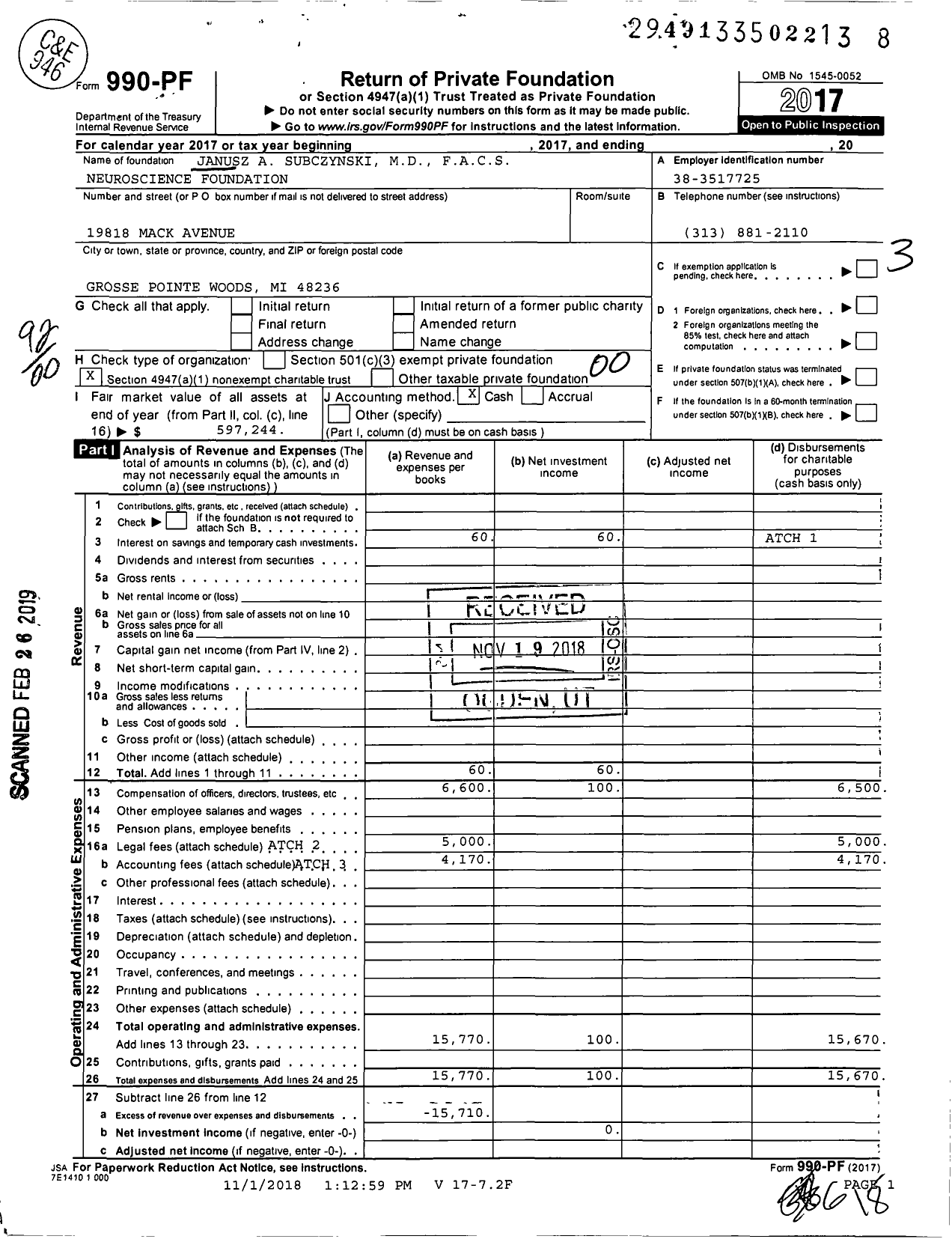 Image of first page of 2017 Form 990PF for Janusz A Subczynski MD Facs Neuroscience Foundation