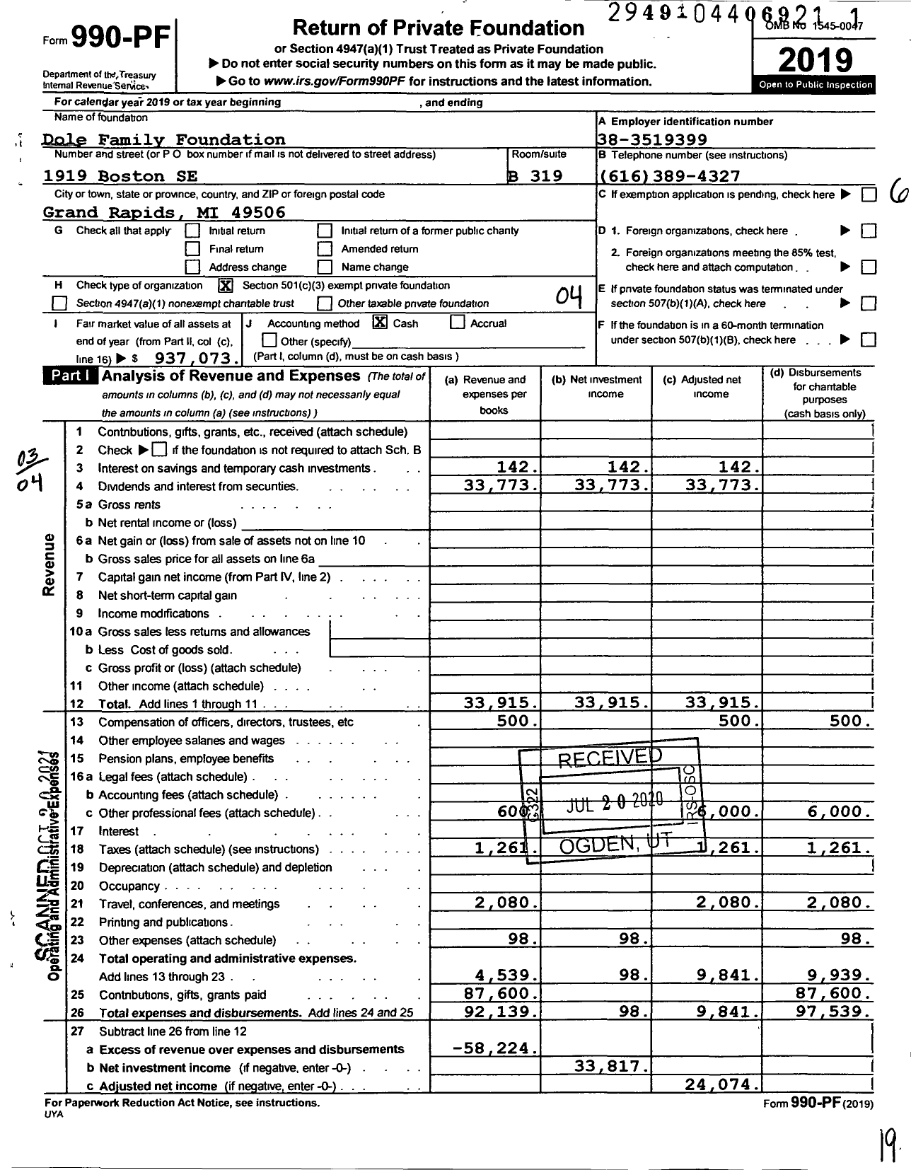 Image of first page of 2019 Form 990PF for Dole Family Foundation