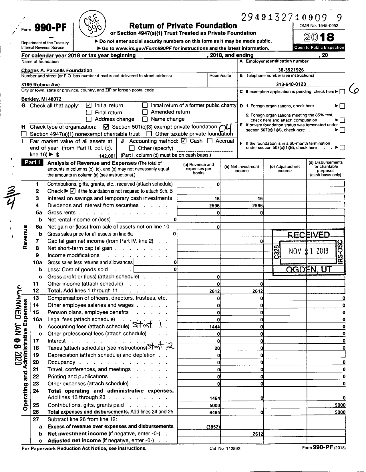 Image of first page of 2018 Form 990PF for Charles A Parcells Foundation