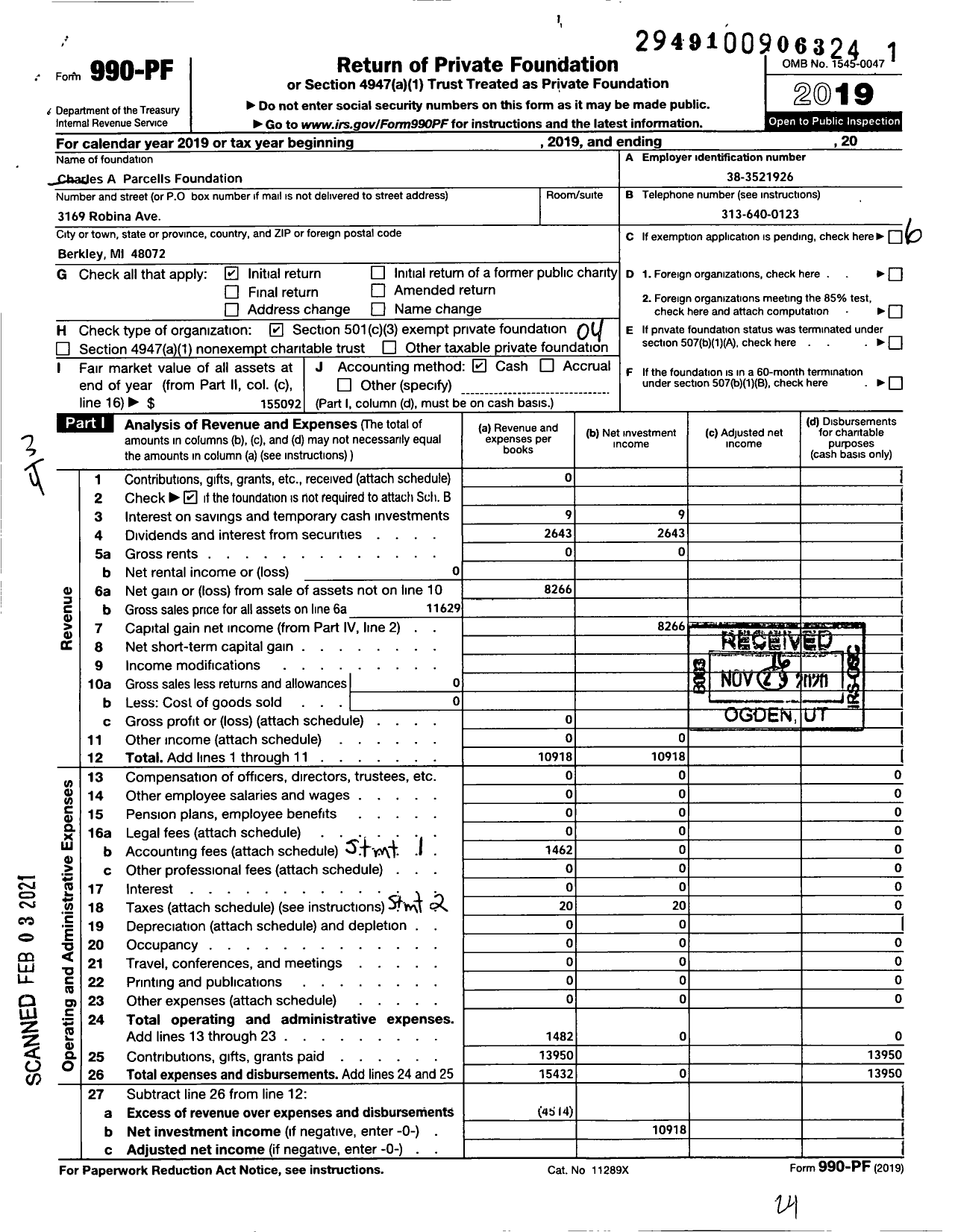 Image of first page of 2019 Form 990PF for Charles A Parcells Foundation