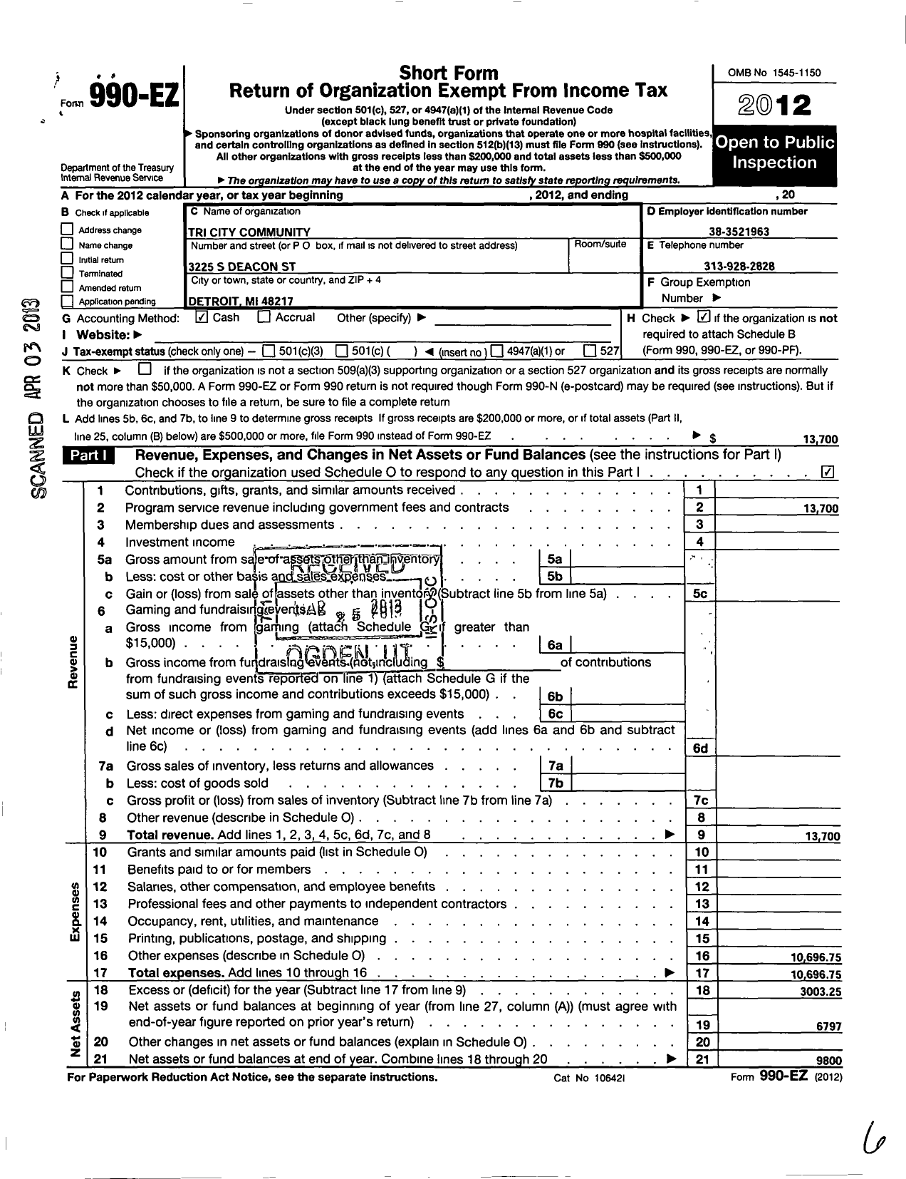 Image of first page of 2012 Form 990EO for Tri-City Community Development Corporation