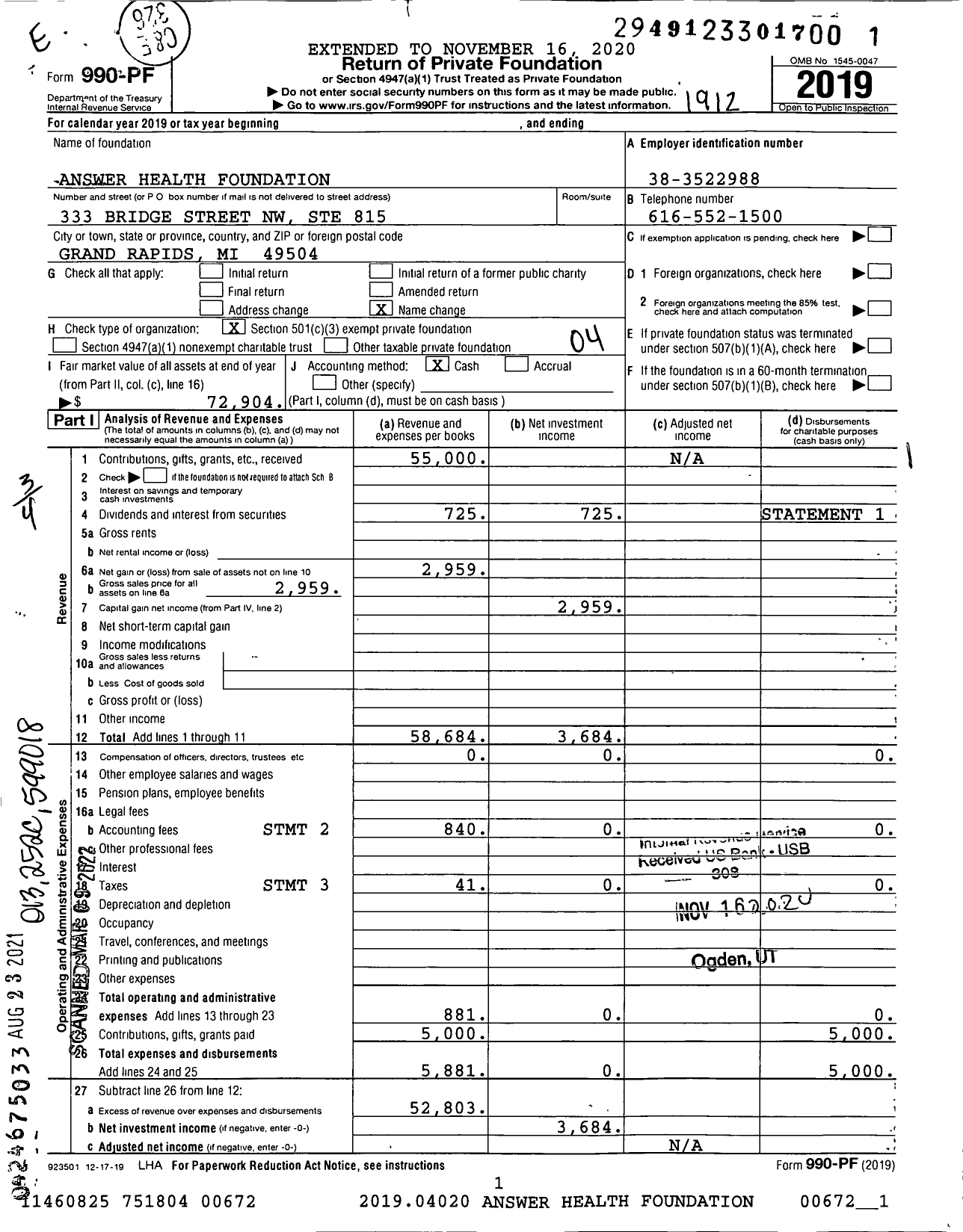 Image of first page of 2019 Form 990PF for Answer Health Foundation