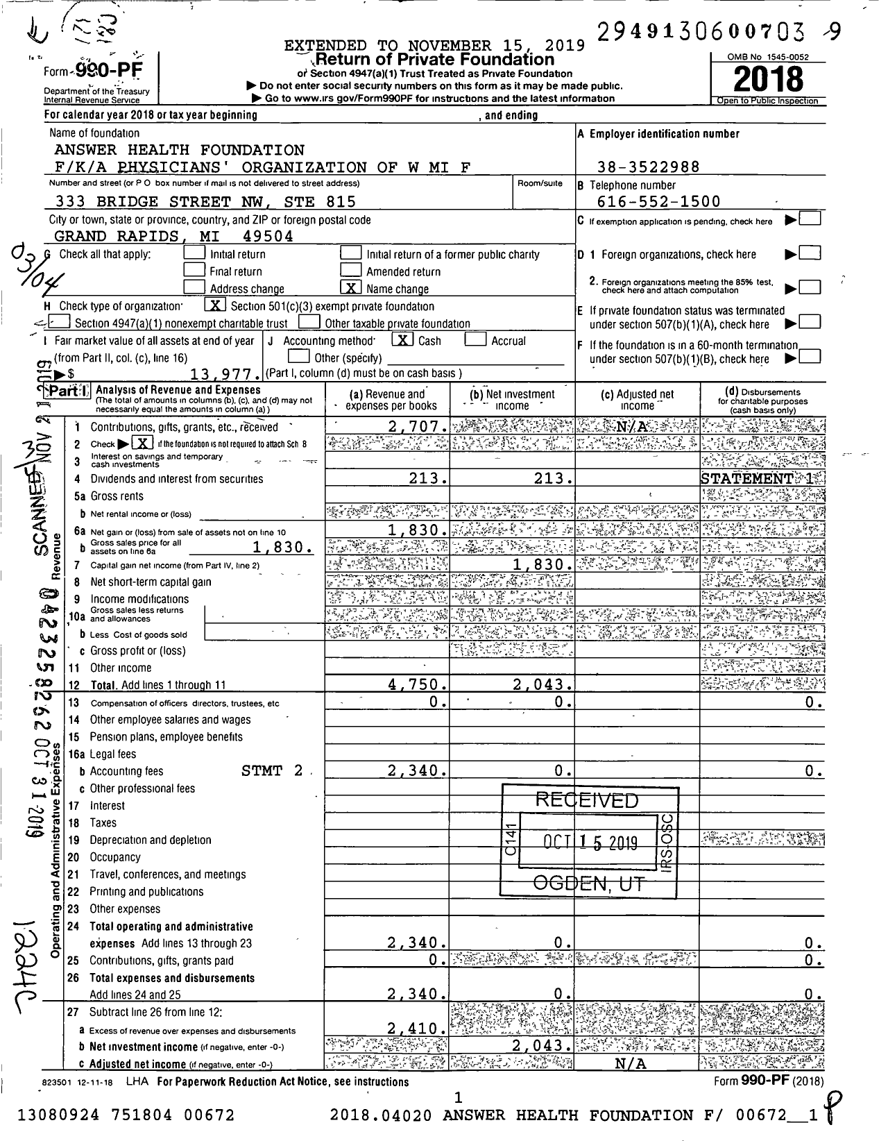 Image of first page of 2018 Form 990PF for Answer Health Foundation