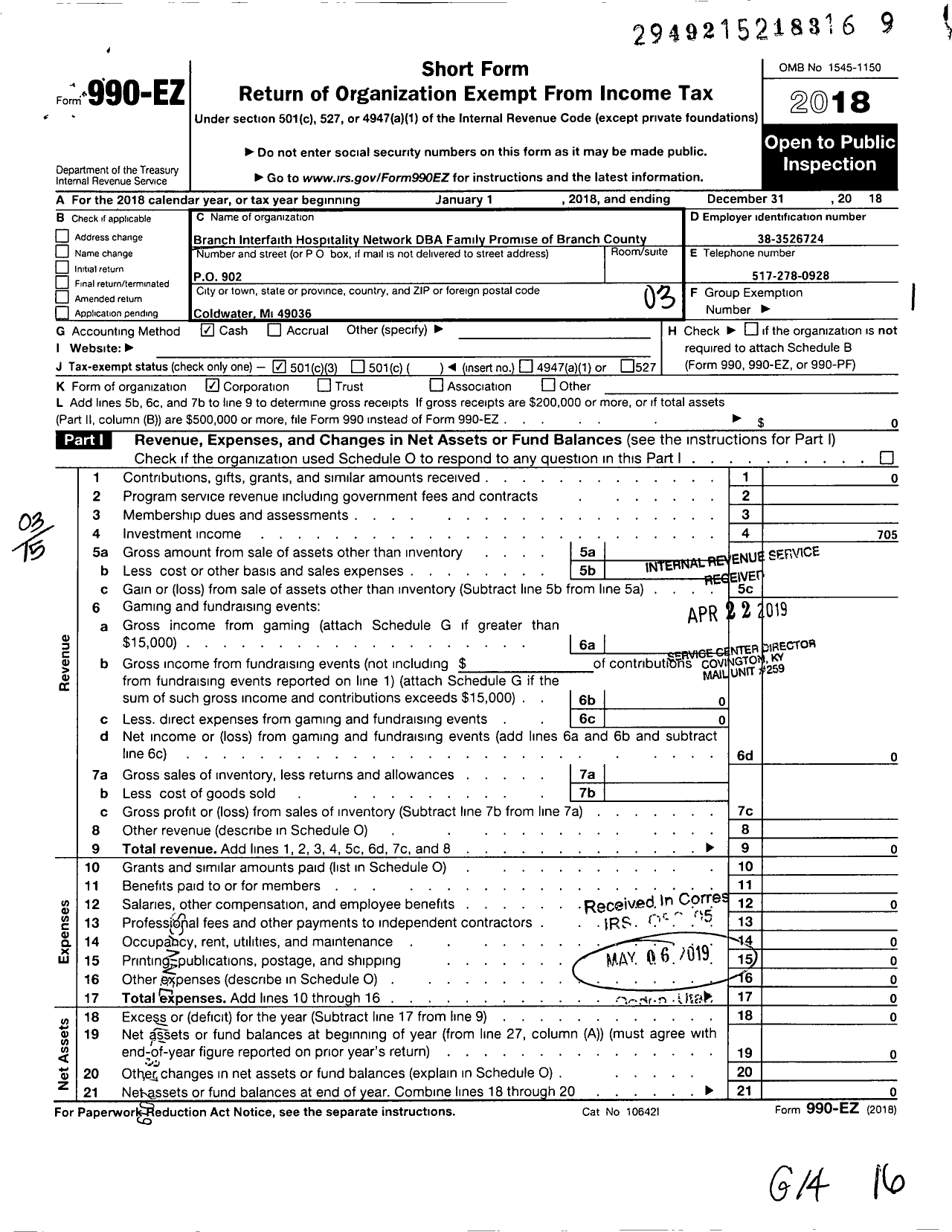 Image of first page of 2018 Form 990EZ for Branch Interfaith Hospitality Network