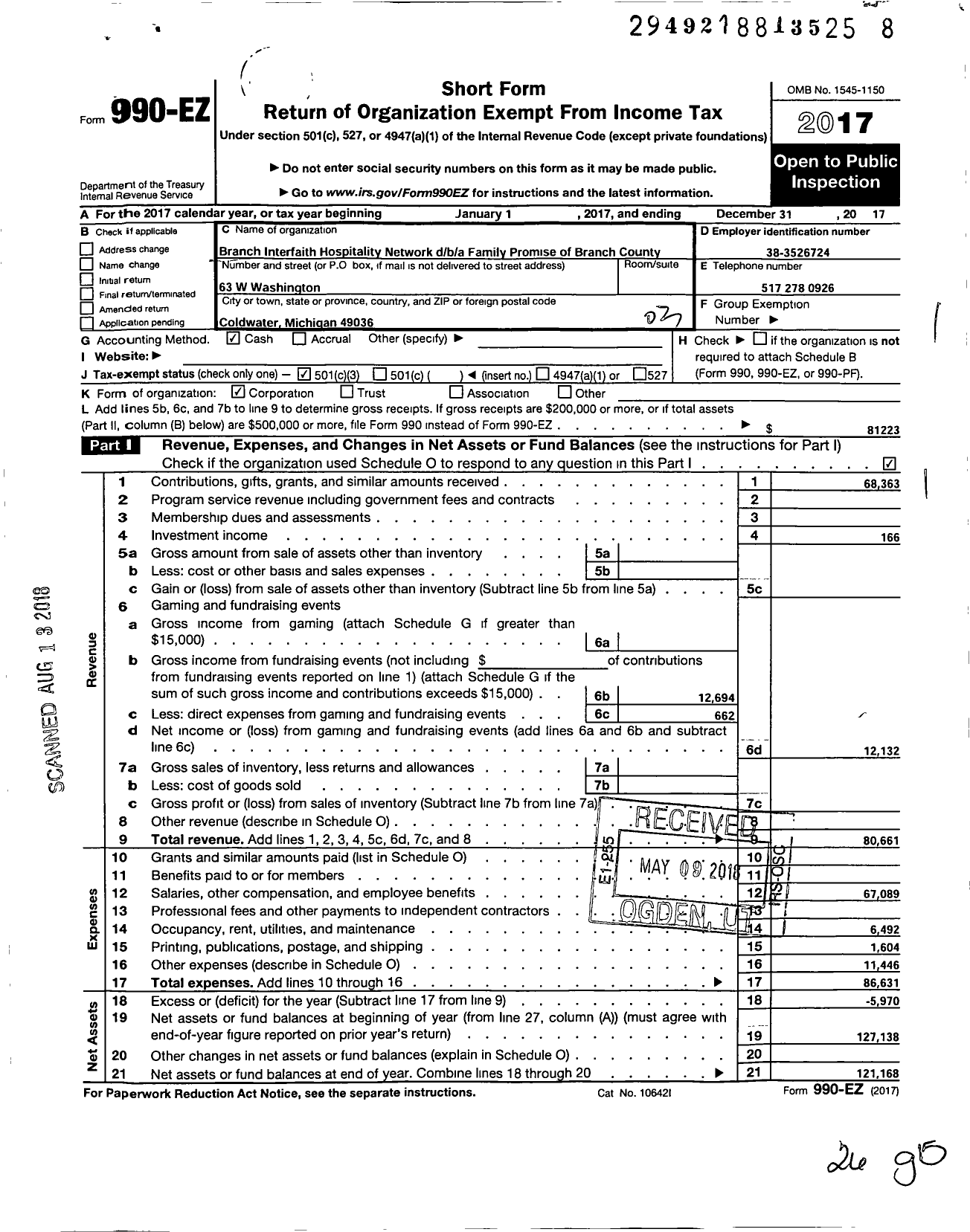 Image of first page of 2017 Form 990EZ for Branch Interfaith Hospitality Network