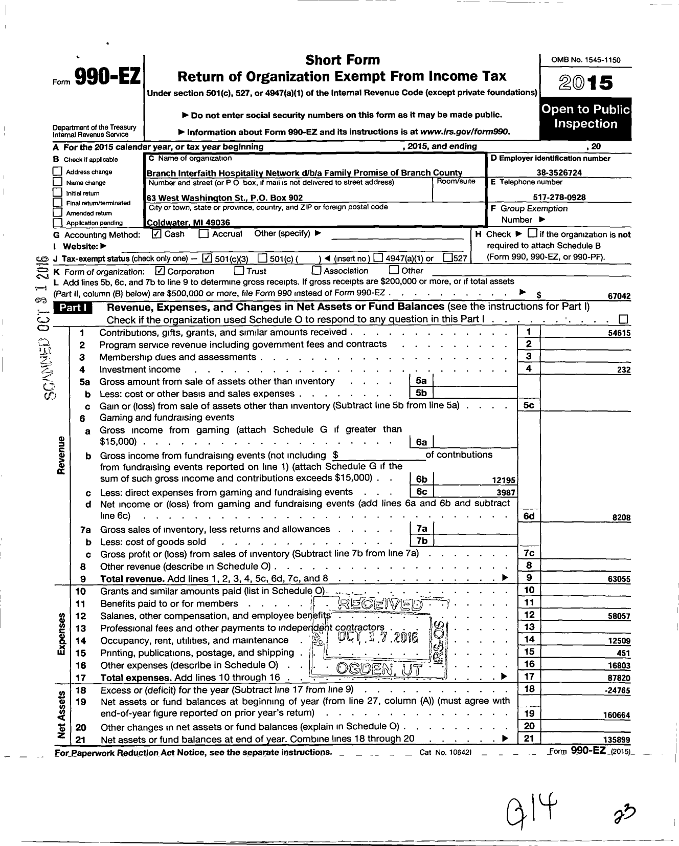 Image of first page of 2015 Form 990EZ for Branch Interfaith Hospitality Network