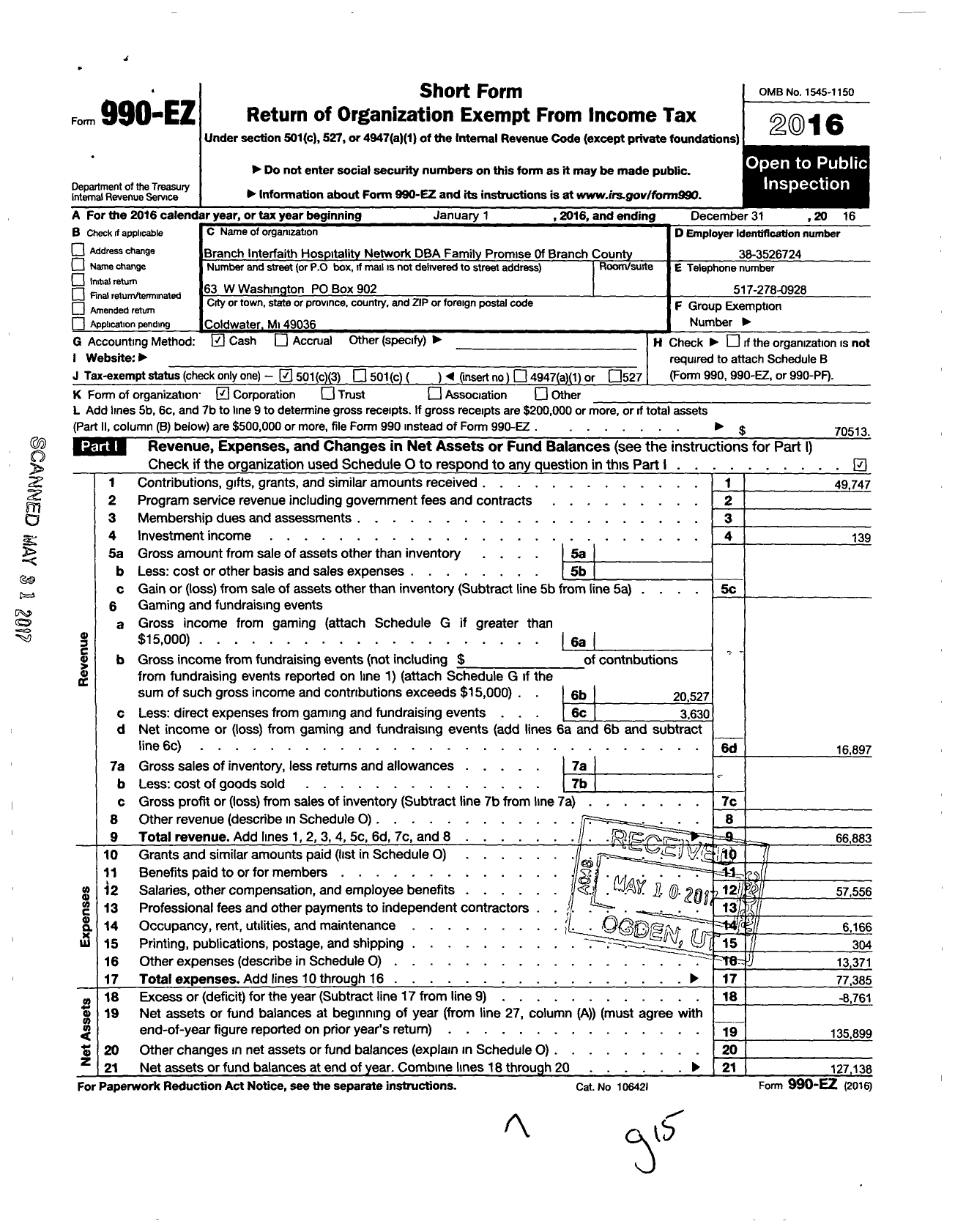 Image of first page of 2016 Form 990EZ for Branch Interfaith Hospitality Network