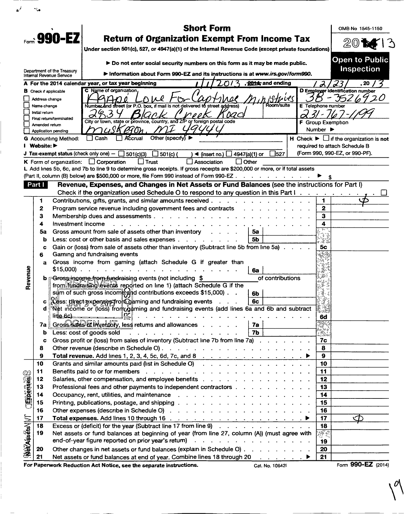 Image of first page of 2013 Form 990EO for Agape Love for Captives Ministries