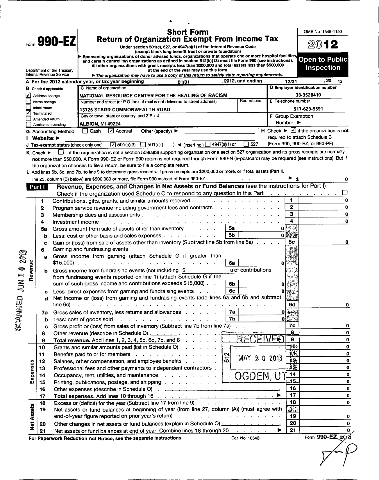 Image of first page of 2012 Form 990EZ for National Resource Center for the Healing of Racism