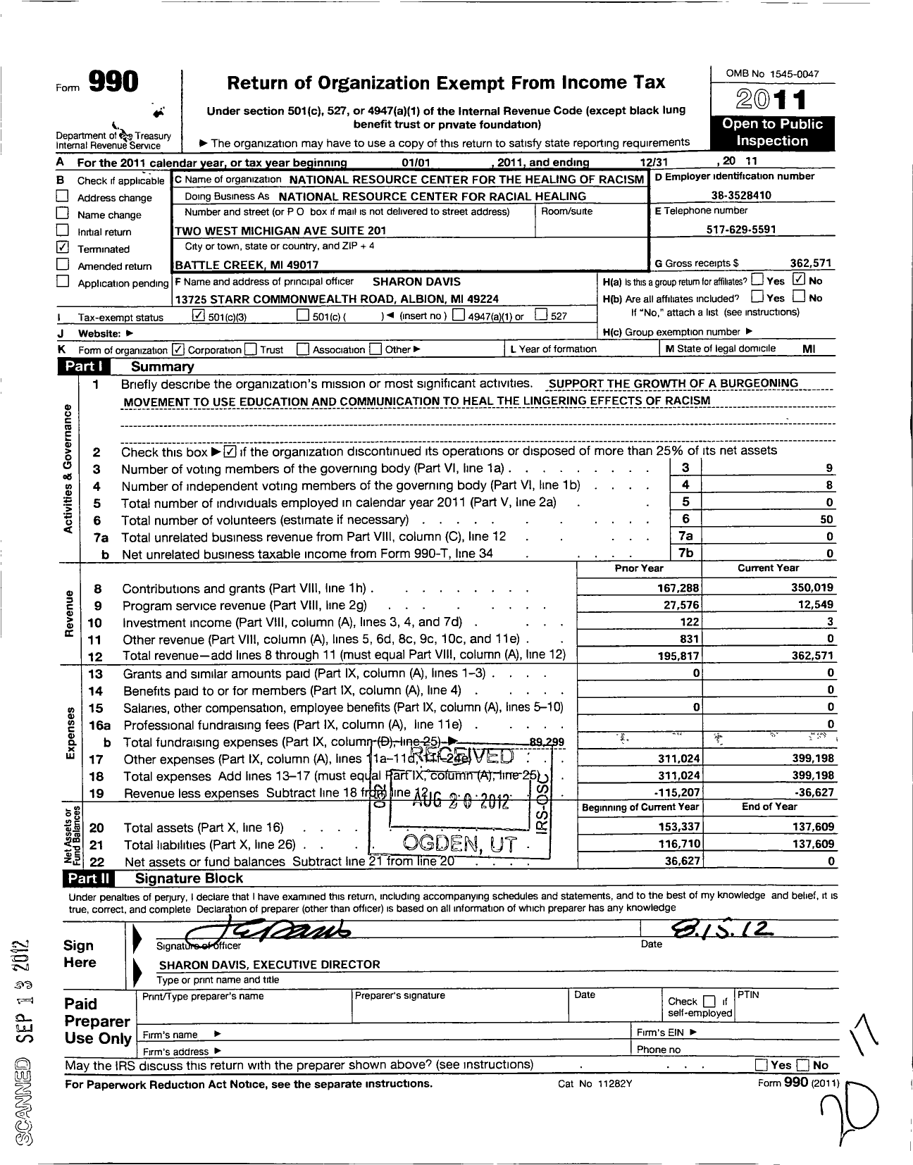 Image of first page of 2011 Form 990 for National Resource Center for the Healing of Racism