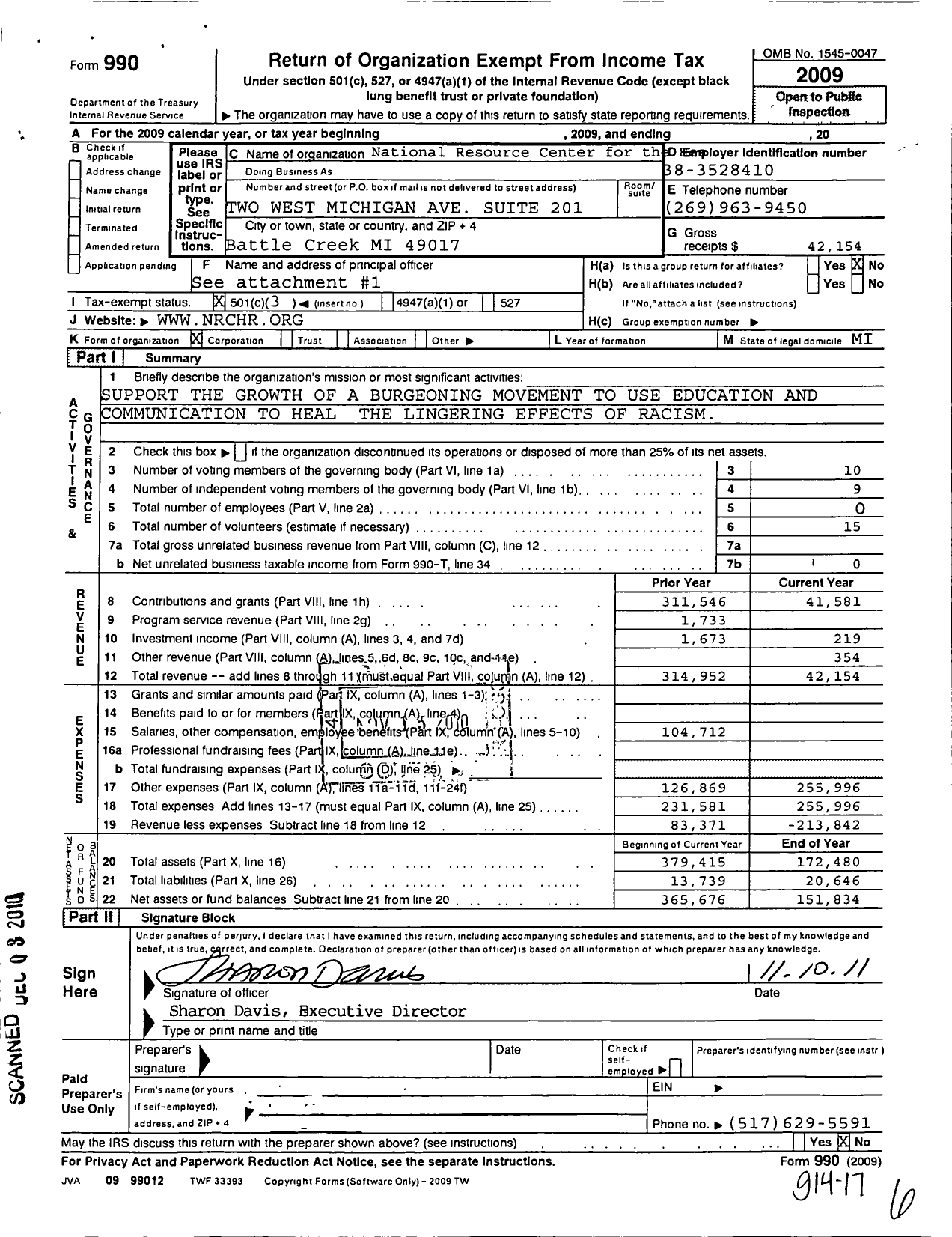 Image of first page of 2009 Form 990 for National Resource Center for the Healing of Racism