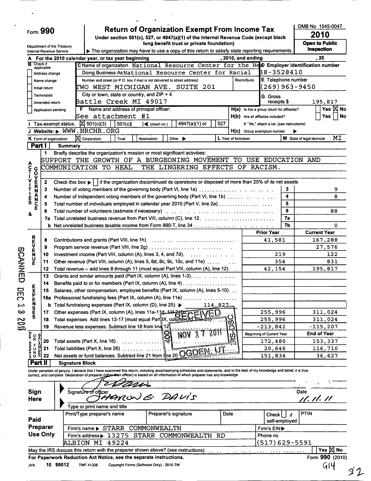 Image of first page of 2010 Form 990 for National Resource Center for the Healing of Racism