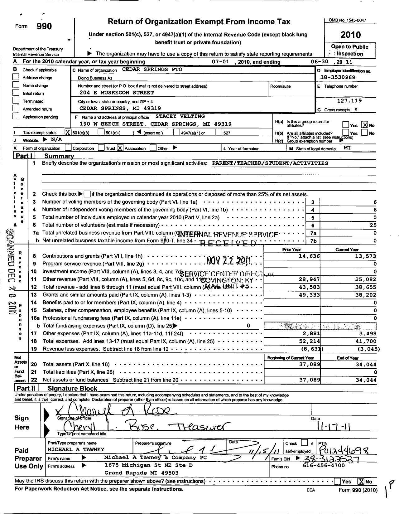 Image of first page of 2010 Form 990 for Cedar Springs PTO