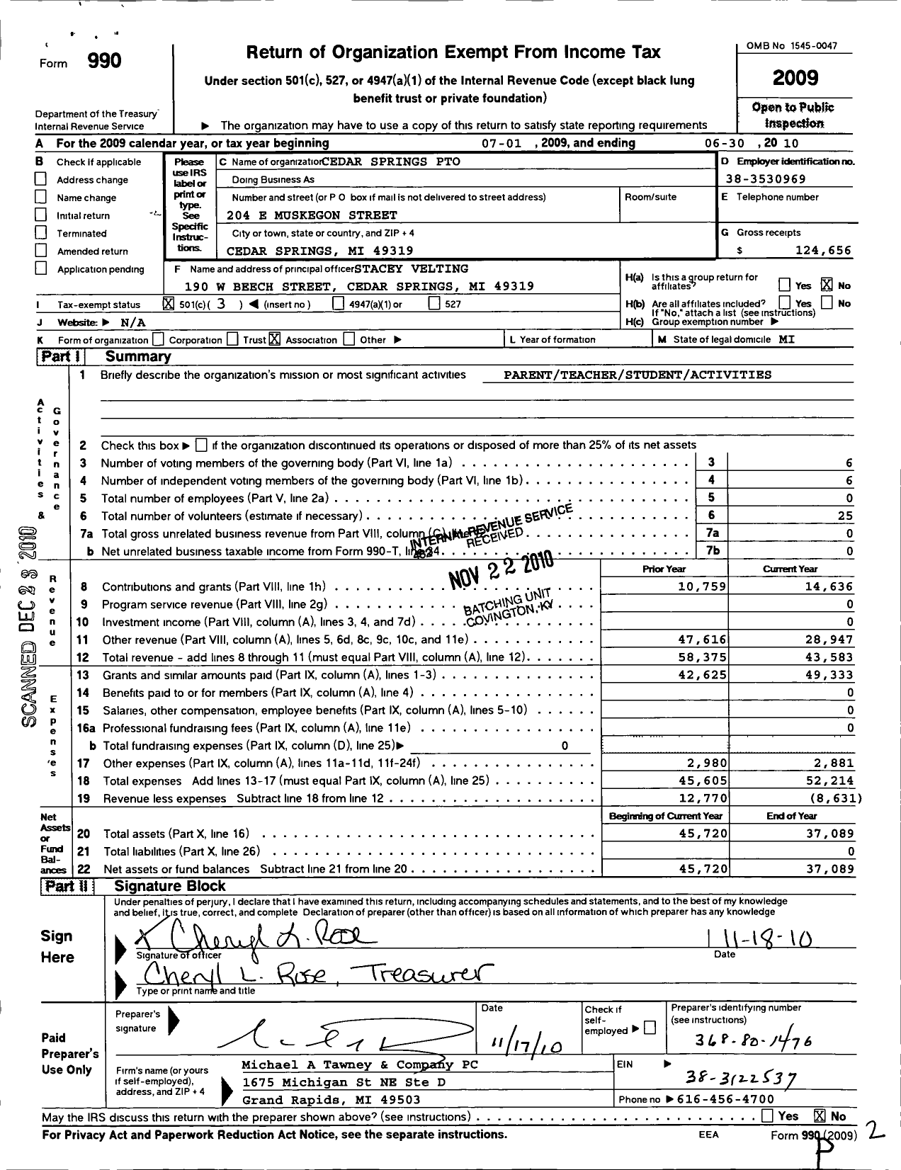 Image of first page of 2009 Form 990 for Cedar Springs PTO