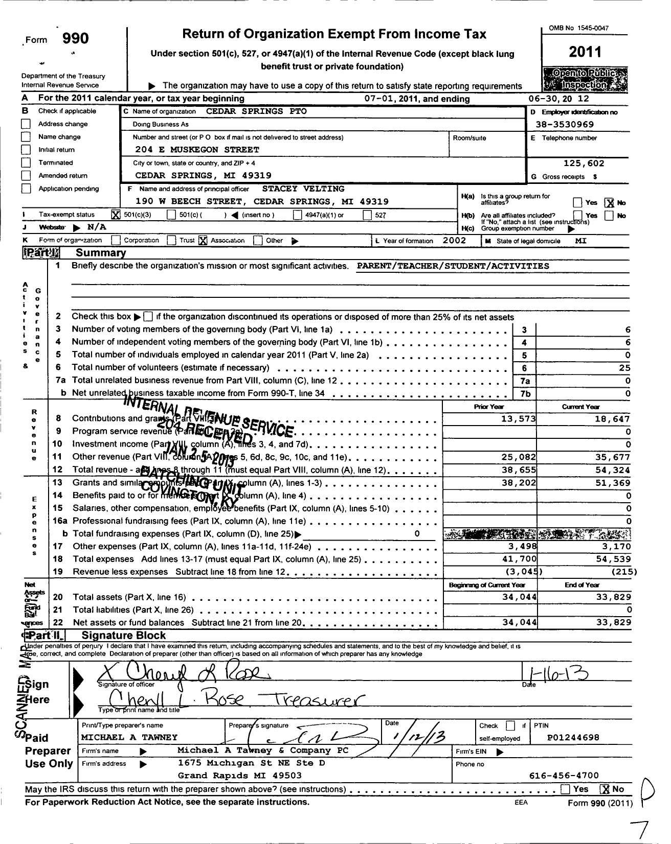 Image of first page of 2011 Form 990 for Cedar Springs PTO