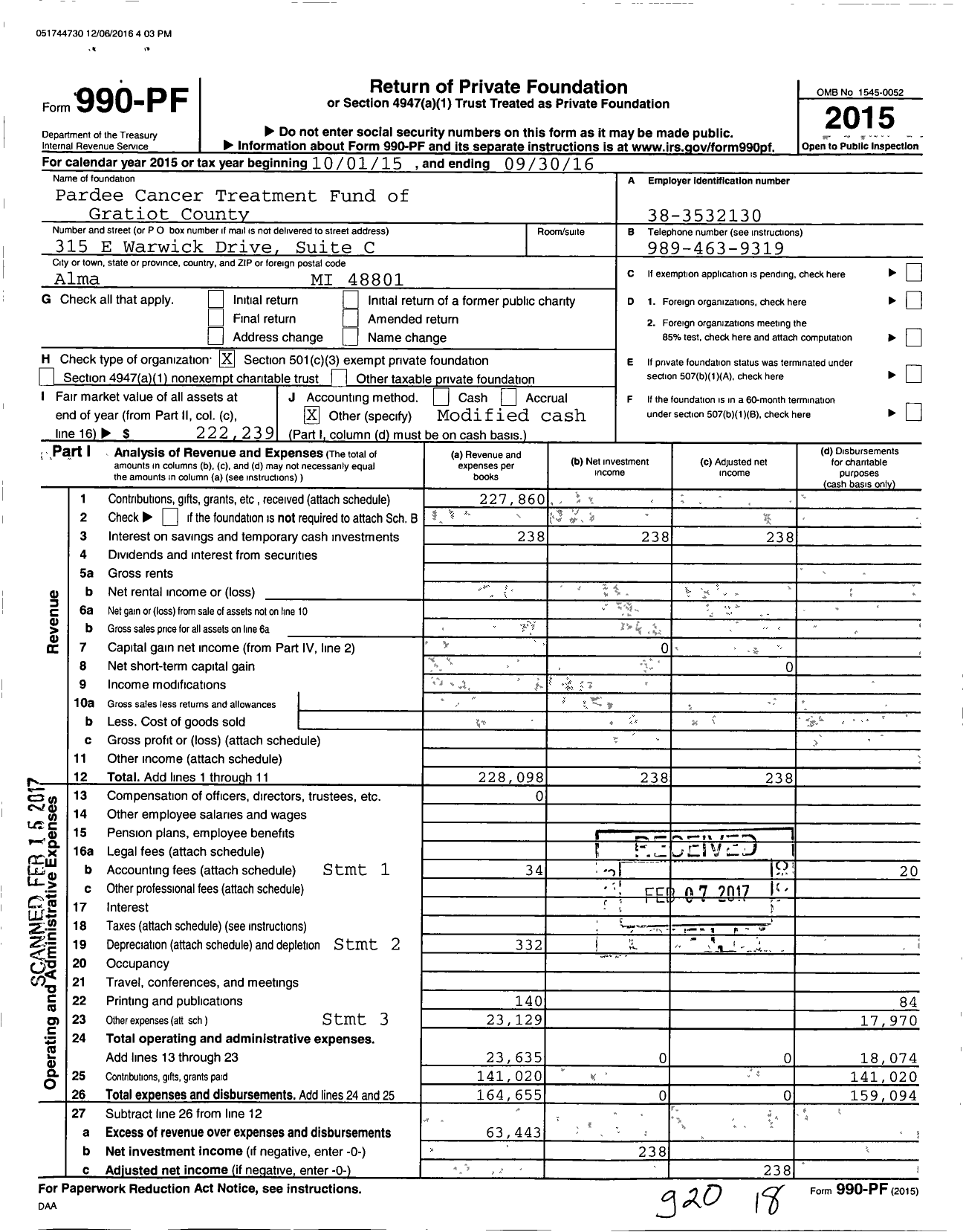 Image of first page of 2015 Form 990PF for Pardee Cancer Treatment Fund of Gratiot County