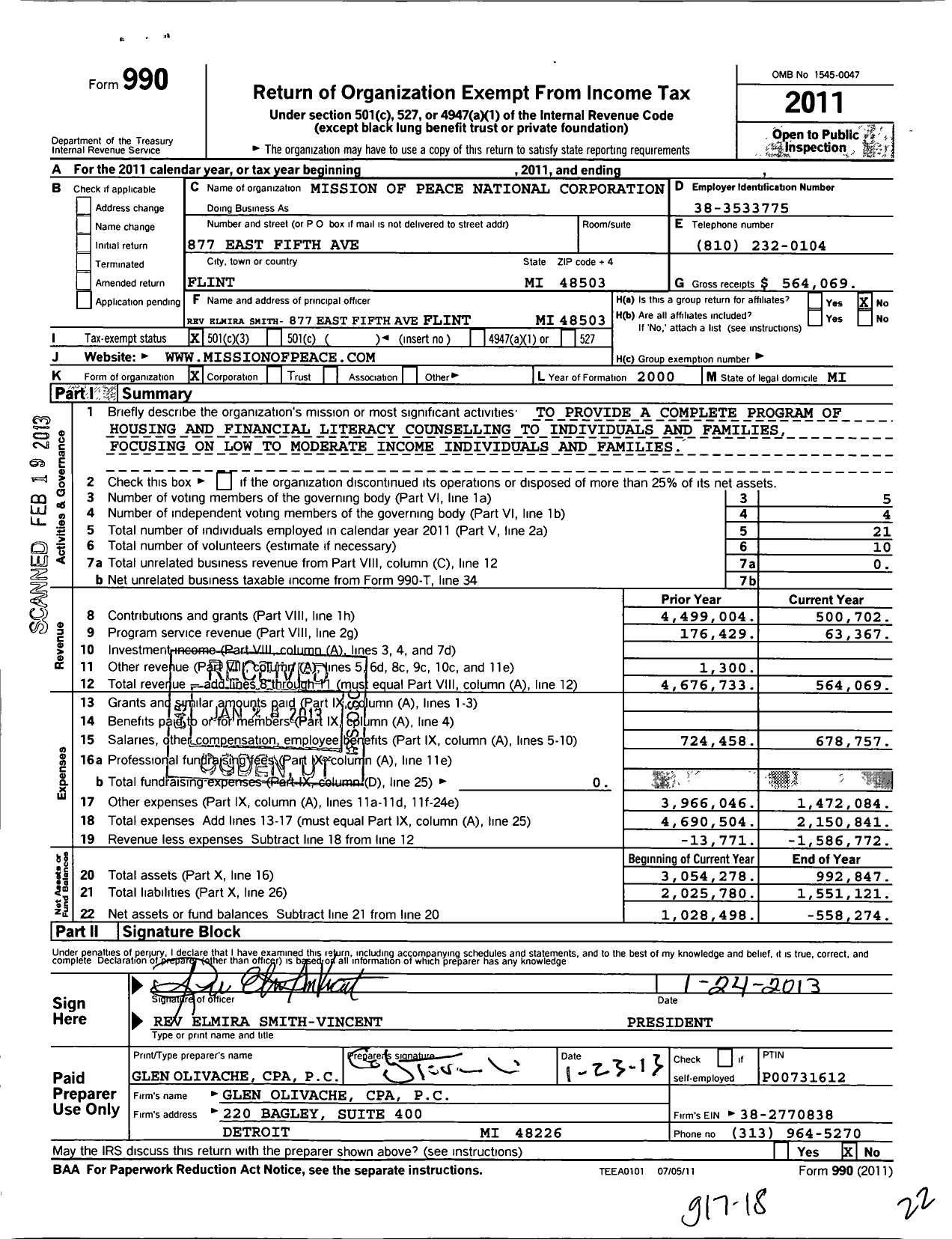 Image of first page of 2011 Form 990 for Mission of Peace National Corporation