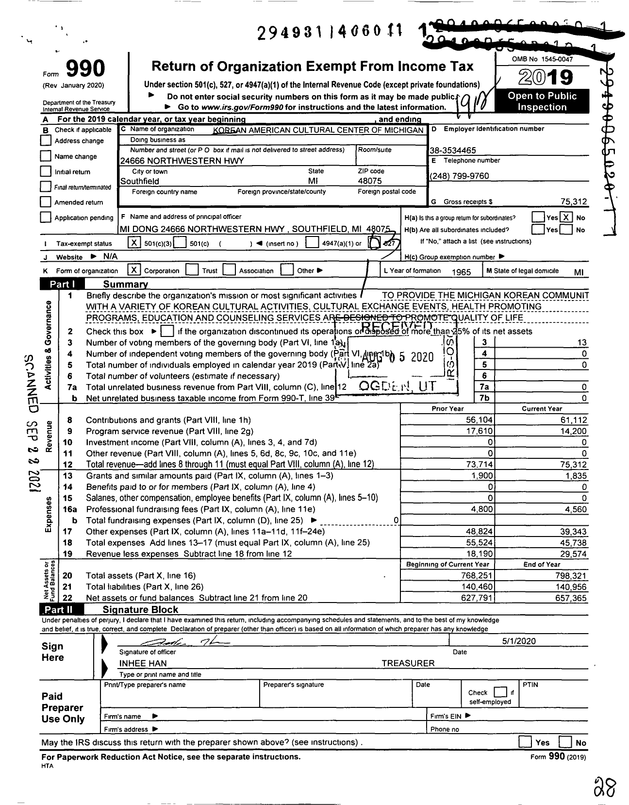 Image of first page of 2019 Form 990 for Korean American Cultural Center of Michigan