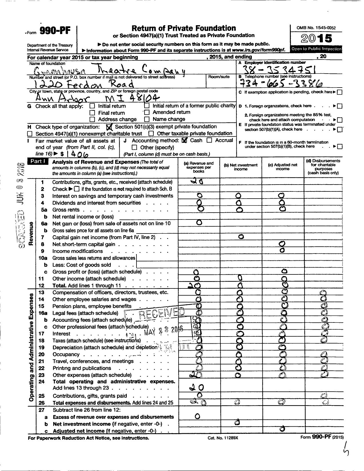 Image of first page of 2015 Form 990PF for Greenhouse Theatre Company