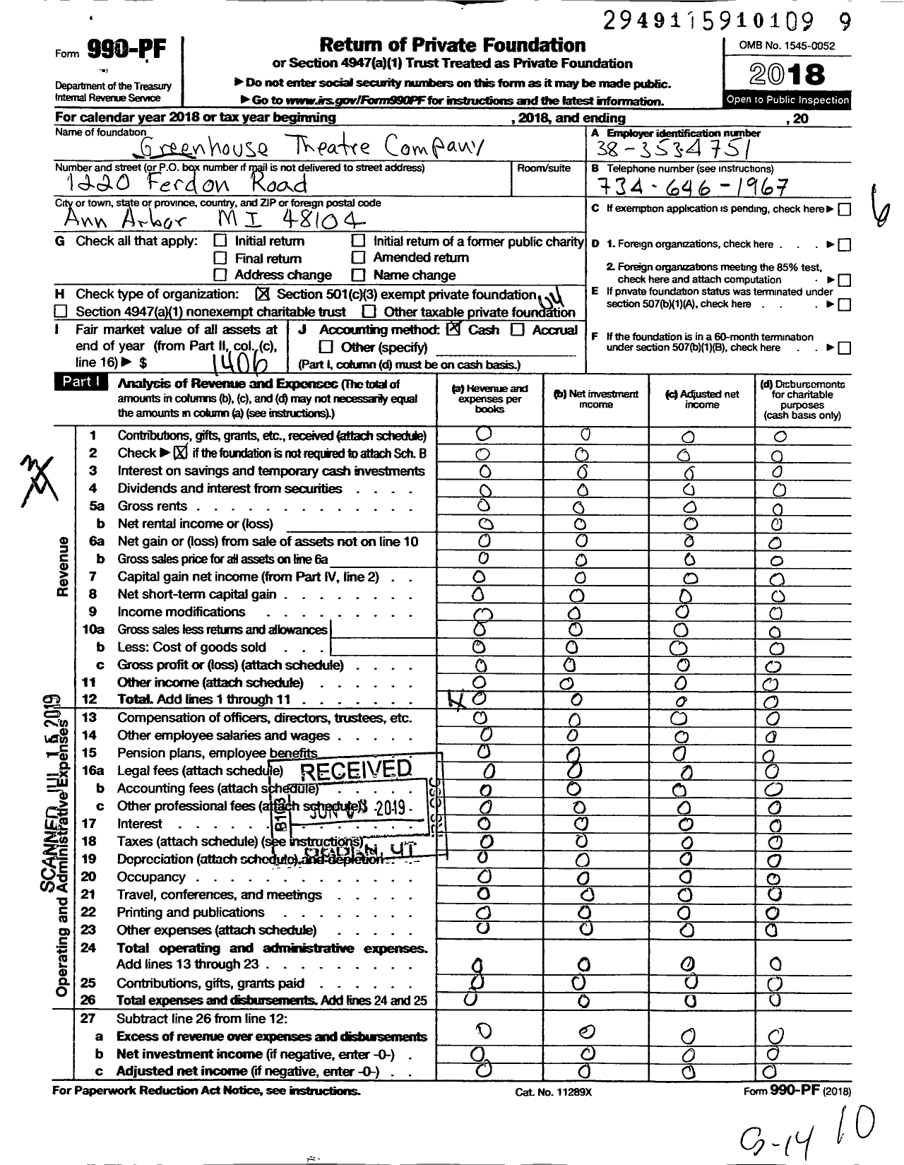 Image of first page of 2018 Form 990PF for Greenhouse Theatre Company