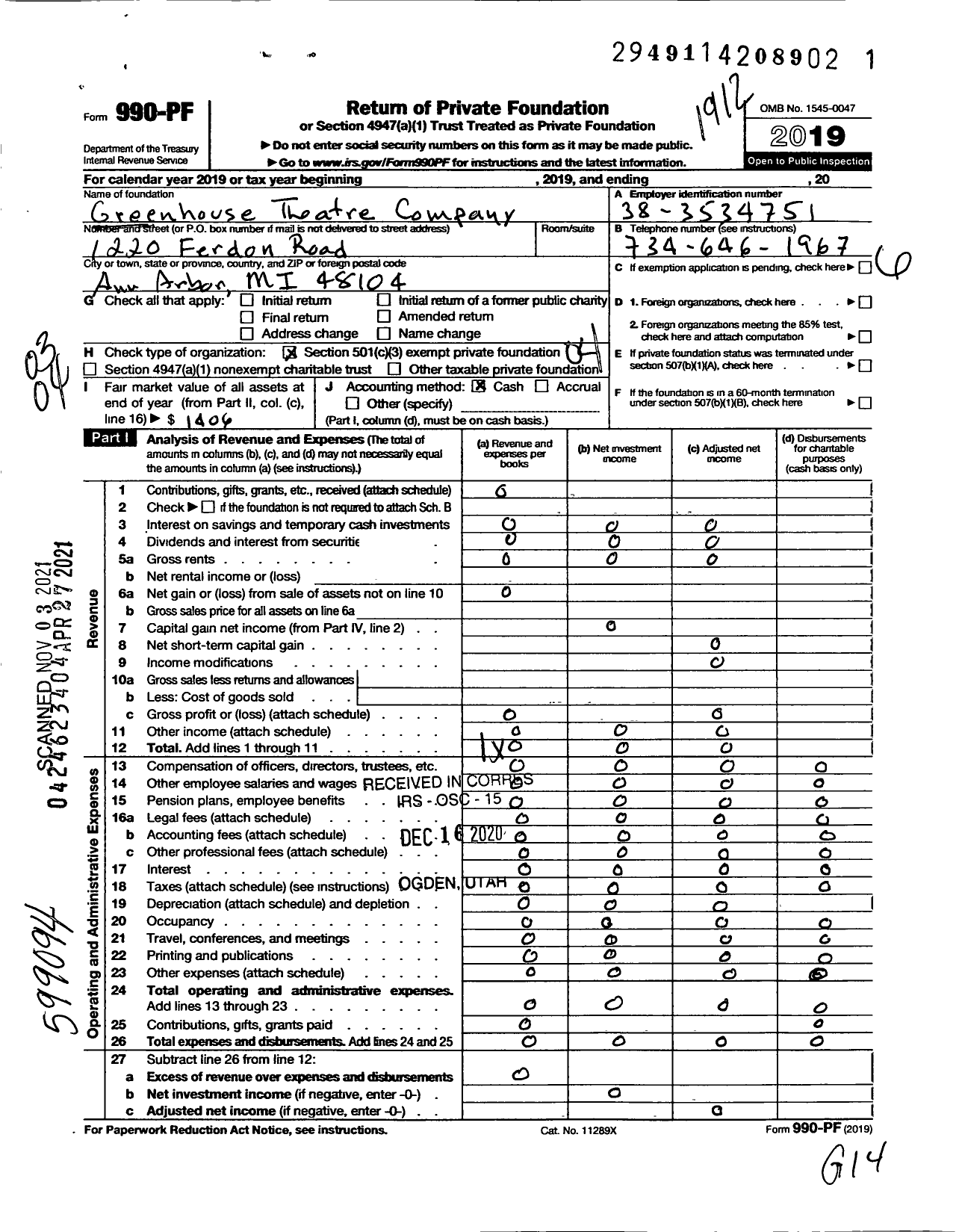 Image of first page of 2019 Form 990PF for Greenhouse Theatre Company