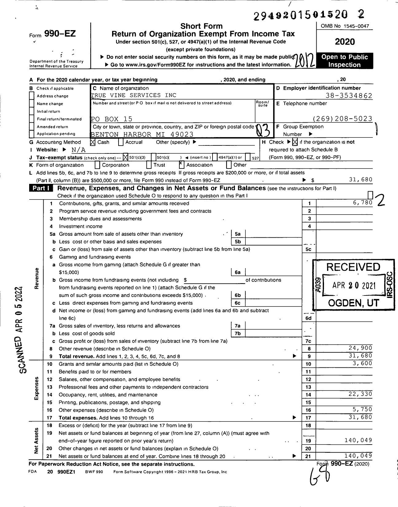 Image of first page of 2020 Form 990EZ for True Vine Services