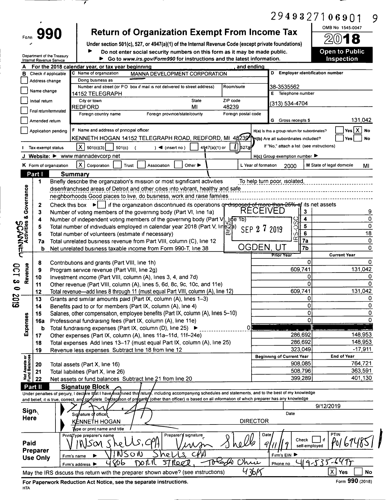 Image of first page of 2018 Form 990 for Manna Development Corporation