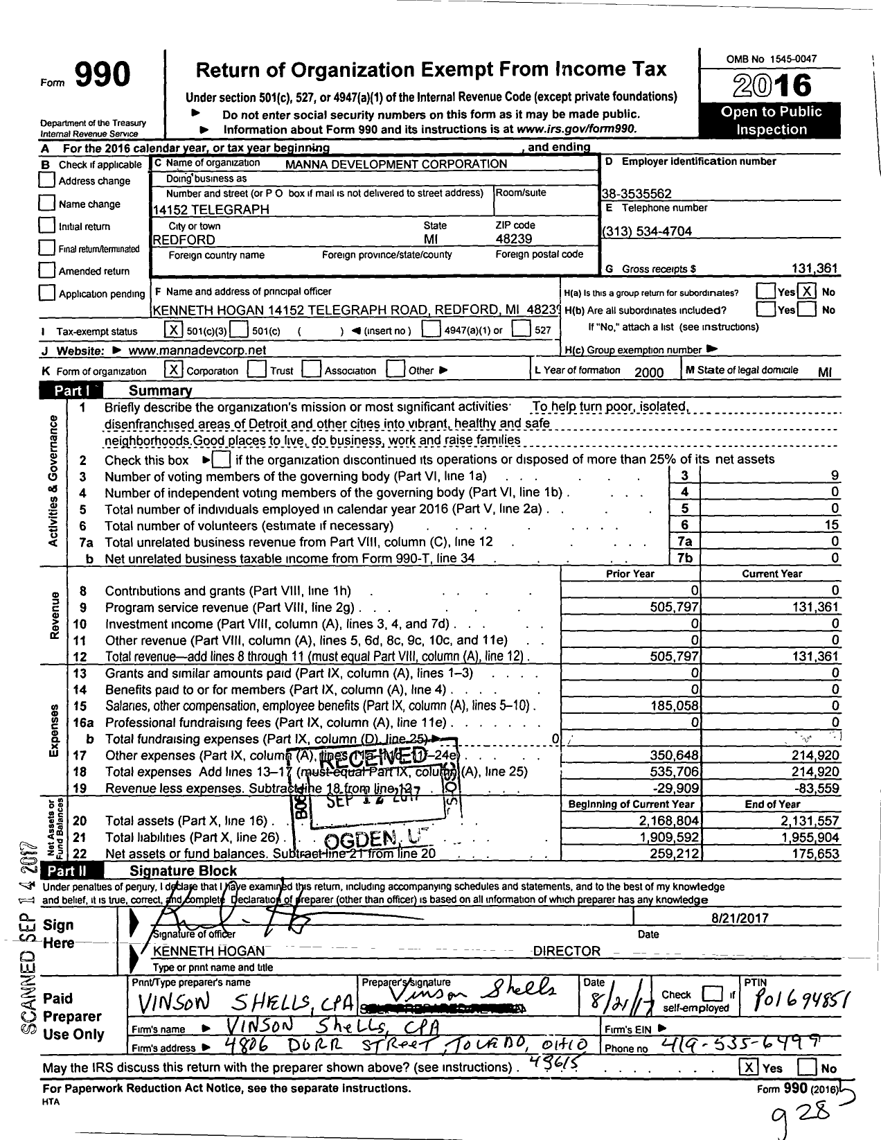 Image of first page of 2016 Form 990 for Manna Development Corporation