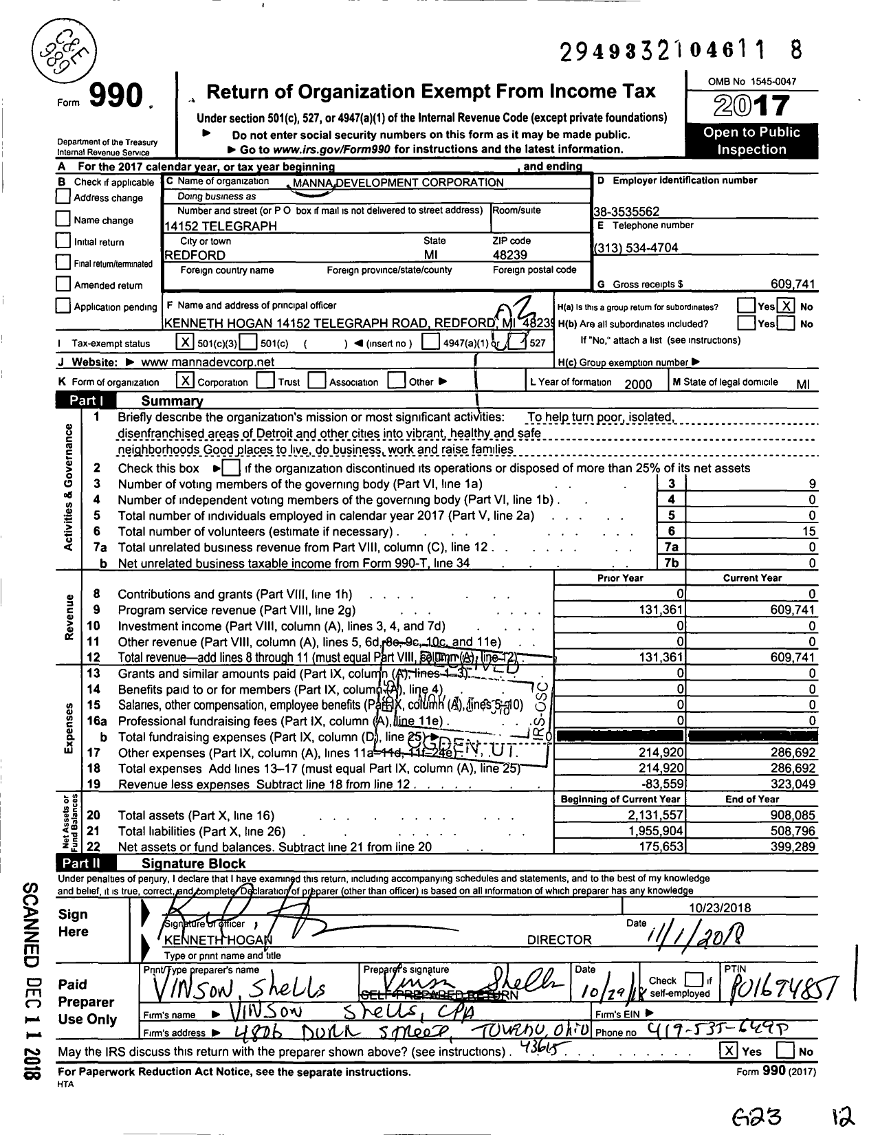 Image of first page of 2017 Form 990 for Manna Development Corporation