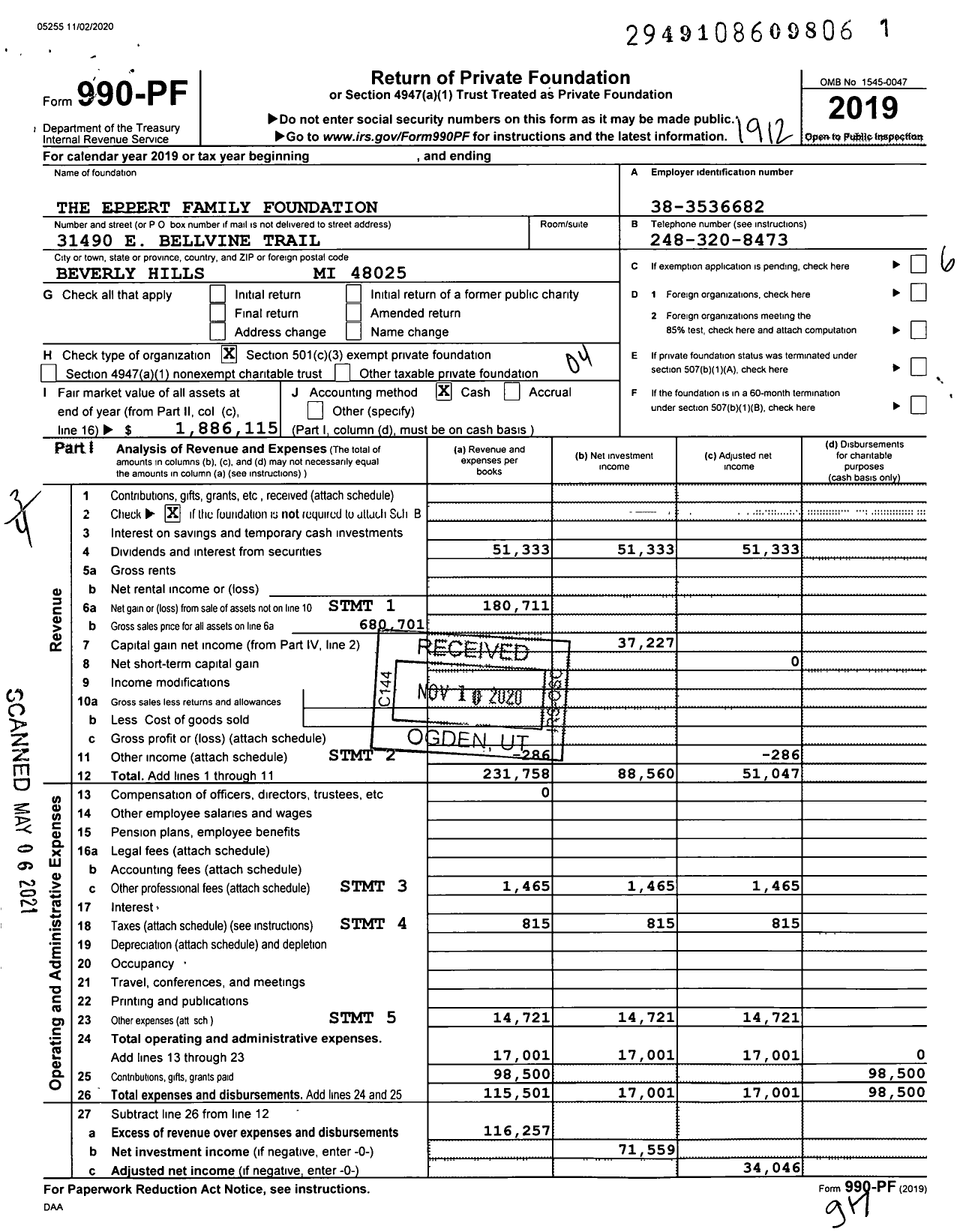 Image of first page of 2019 Form 990PF for The Eppert Family Foundation