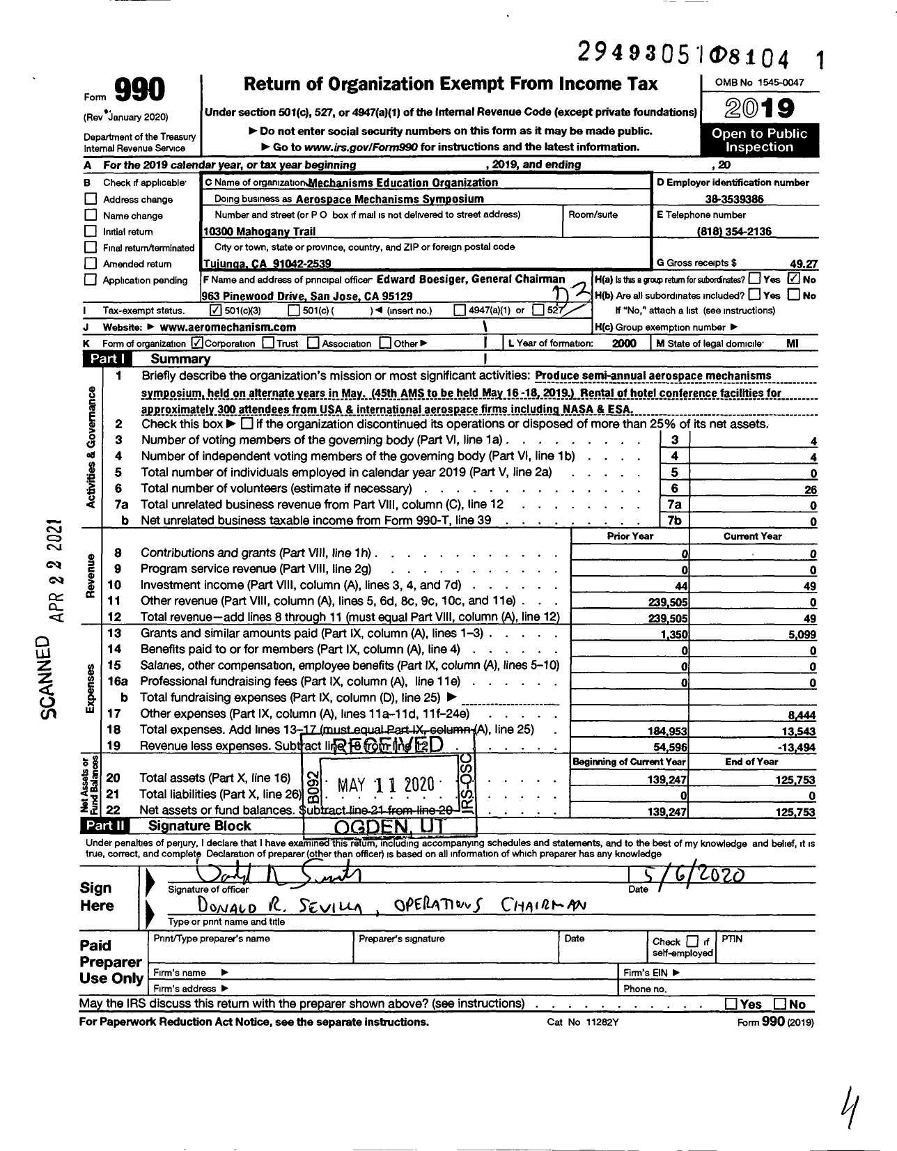 Image of first page of 2019 Form 990 for Mechanisms Education Association