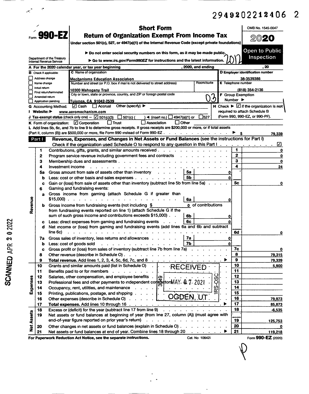 Image of first page of 2020 Form 990EZ for Mechanisms Education Association