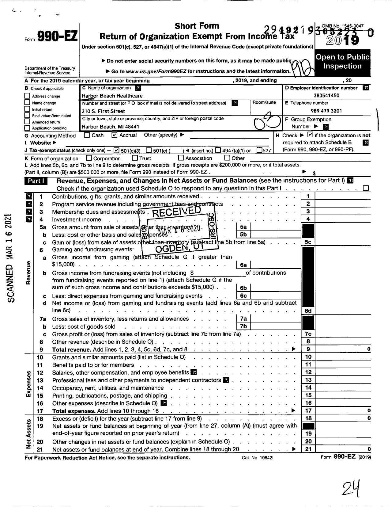 Image of first page of 2019 Form 990EZ for Harbor Beach Healthcare