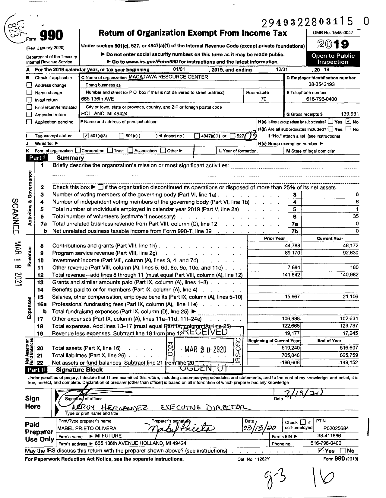 Image of first page of 2019 Form 990 for Macatawa Resource Center