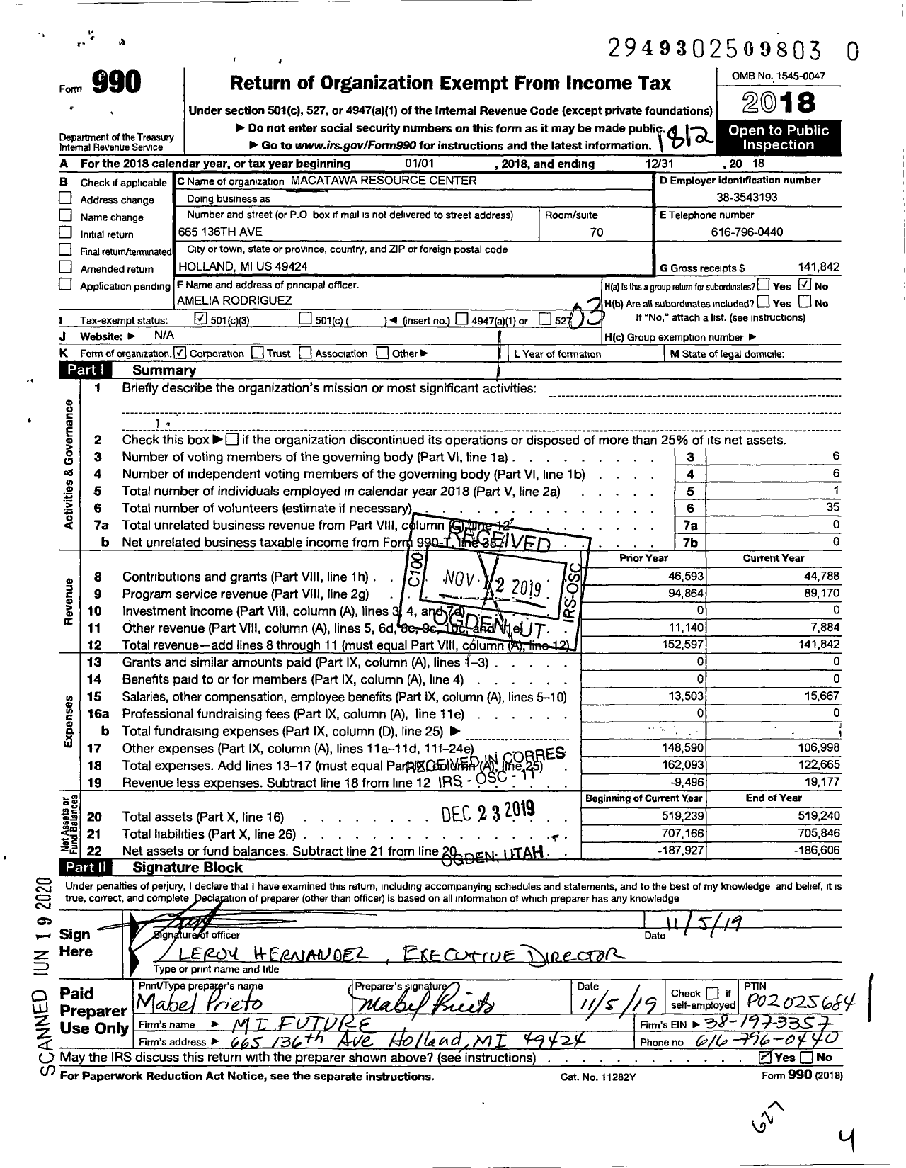 Image of first page of 2018 Form 990 for Macatawa Resource Center