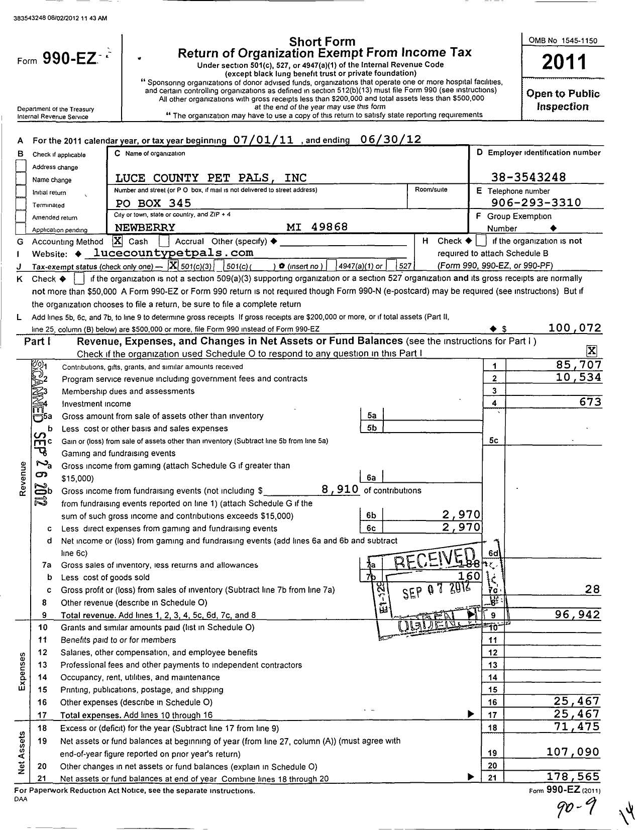 Image of first page of 2011 Form 990EZ for Luce County Pet Pals