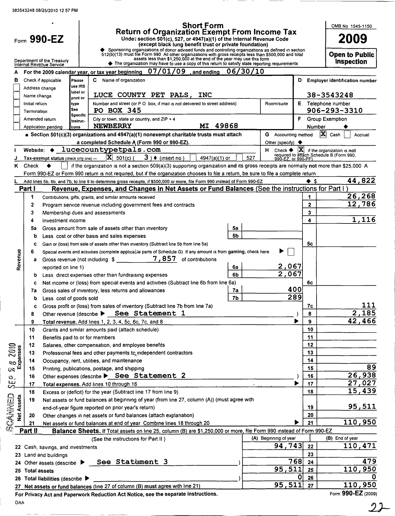 Image of first page of 2009 Form 990EZ for Luce County Pet Pals