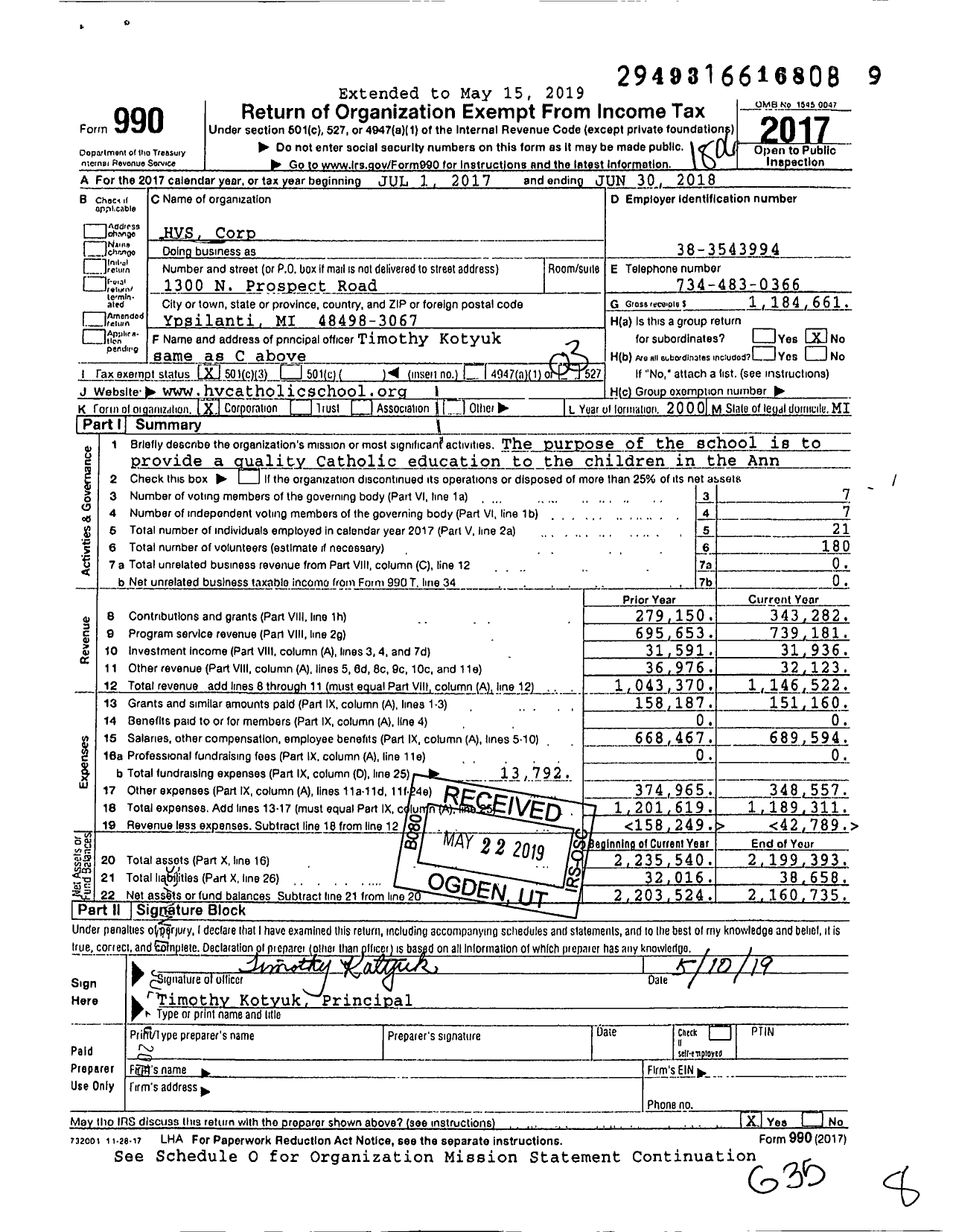 Image of first page of 2017 Form 990 for HVS Corp