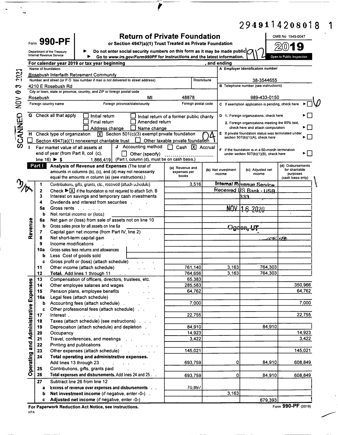 Image of first page of 2019 Form 990PF for Rosebush Interfaith Retirement Community