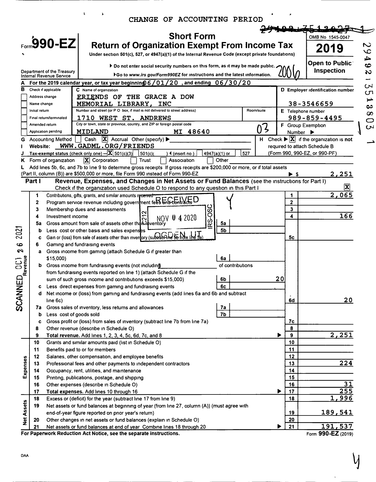 Image of first page of 2019 Form 990EZ for Friends of the Grace A Dow Memorial Library