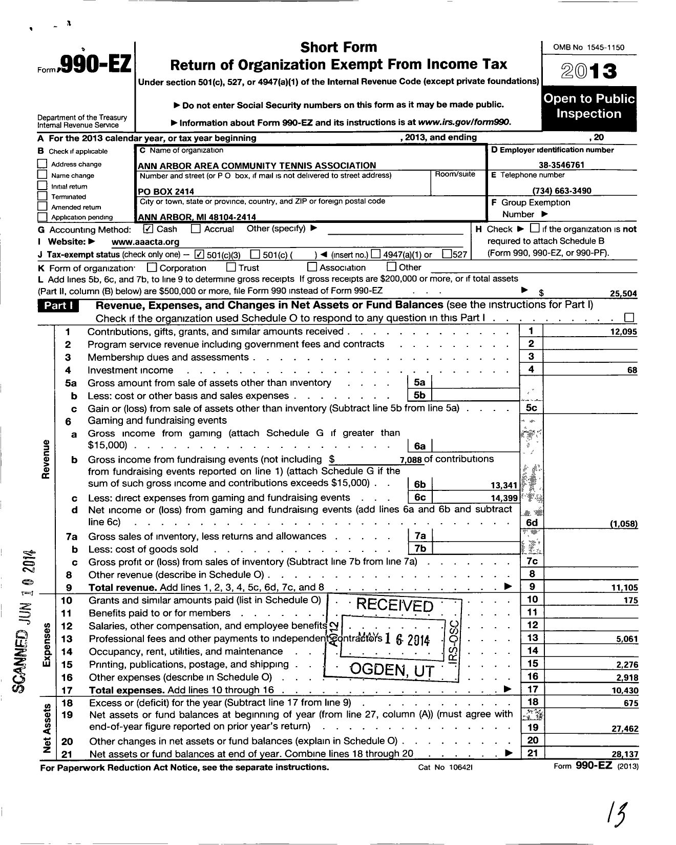 Image of first page of 2013 Form 990EZ for Ann Arbor Area Community Tennis Association