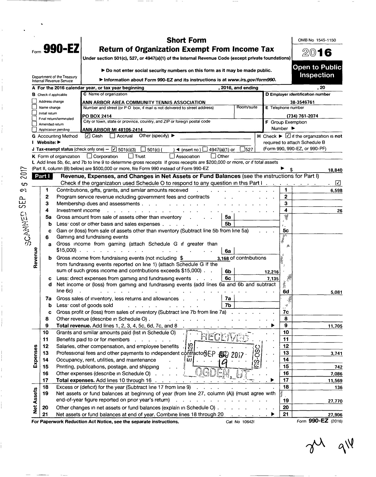 Image of first page of 2016 Form 990EZ for Ann Arbor Area Community Tennis Association