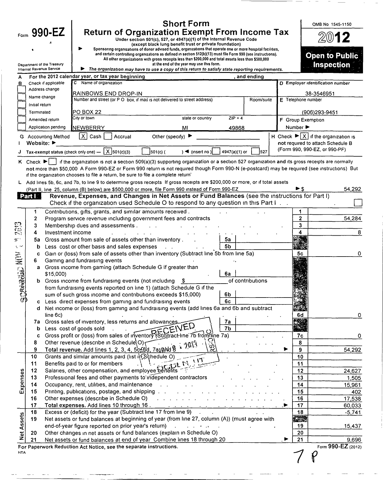 Image of first page of 2012 Form 990EZ for Rainbows End Drop-In