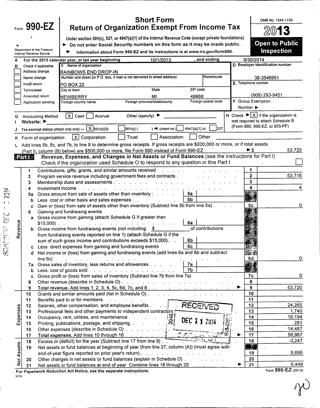 Image of first page of 2013 Form 990EZ for Rainbows End Drop-In